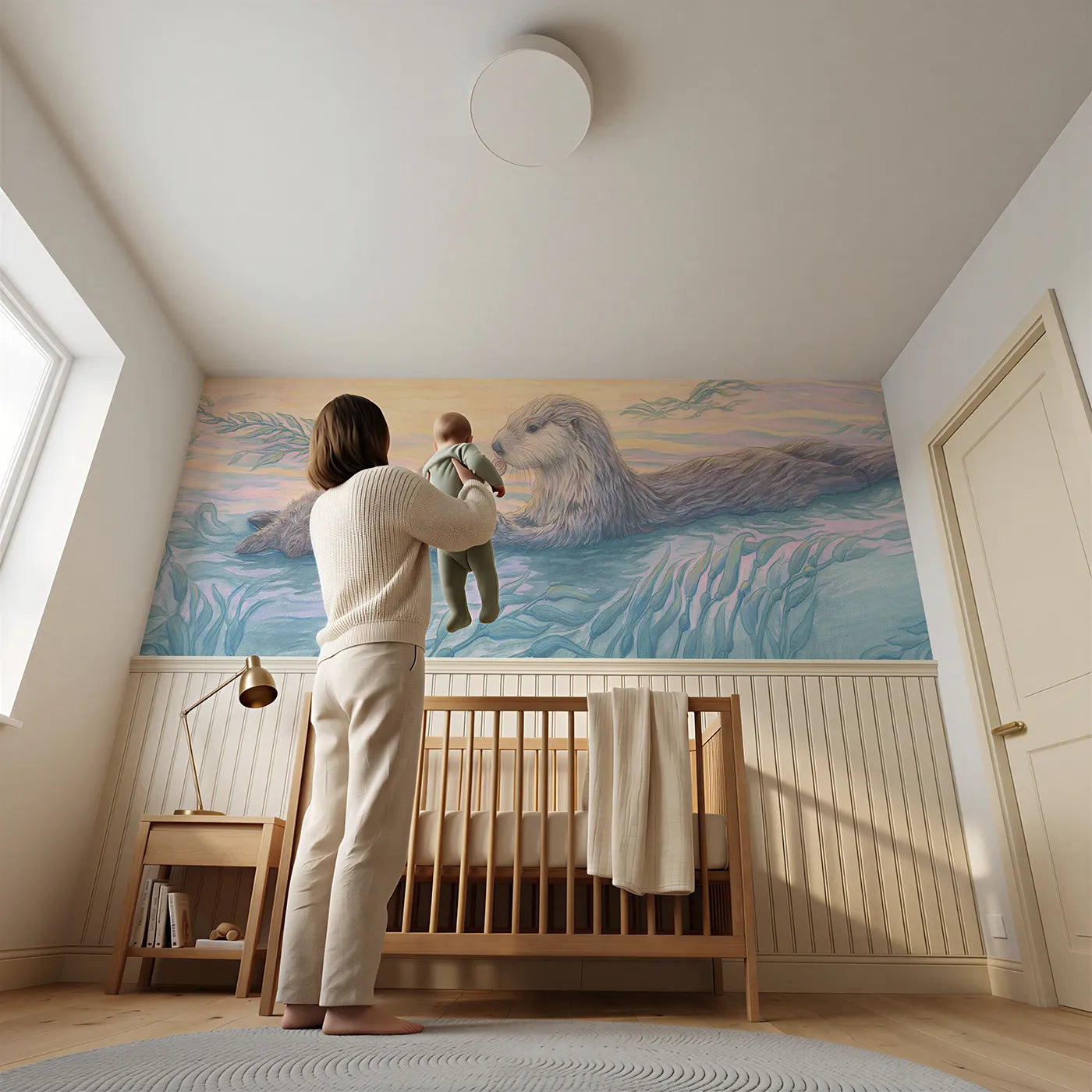 Child reading near Otter Pup Shell Gift Wainscoting Wallpaper by Whimsy Tots