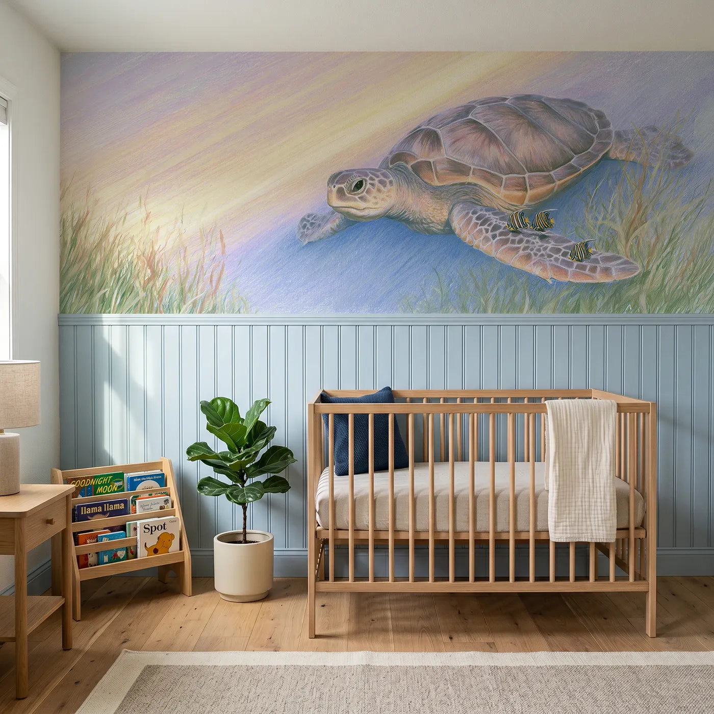 Colored pencil wainscoting wallpaper of a turtle with pilot fish friends by Whimsy Tots