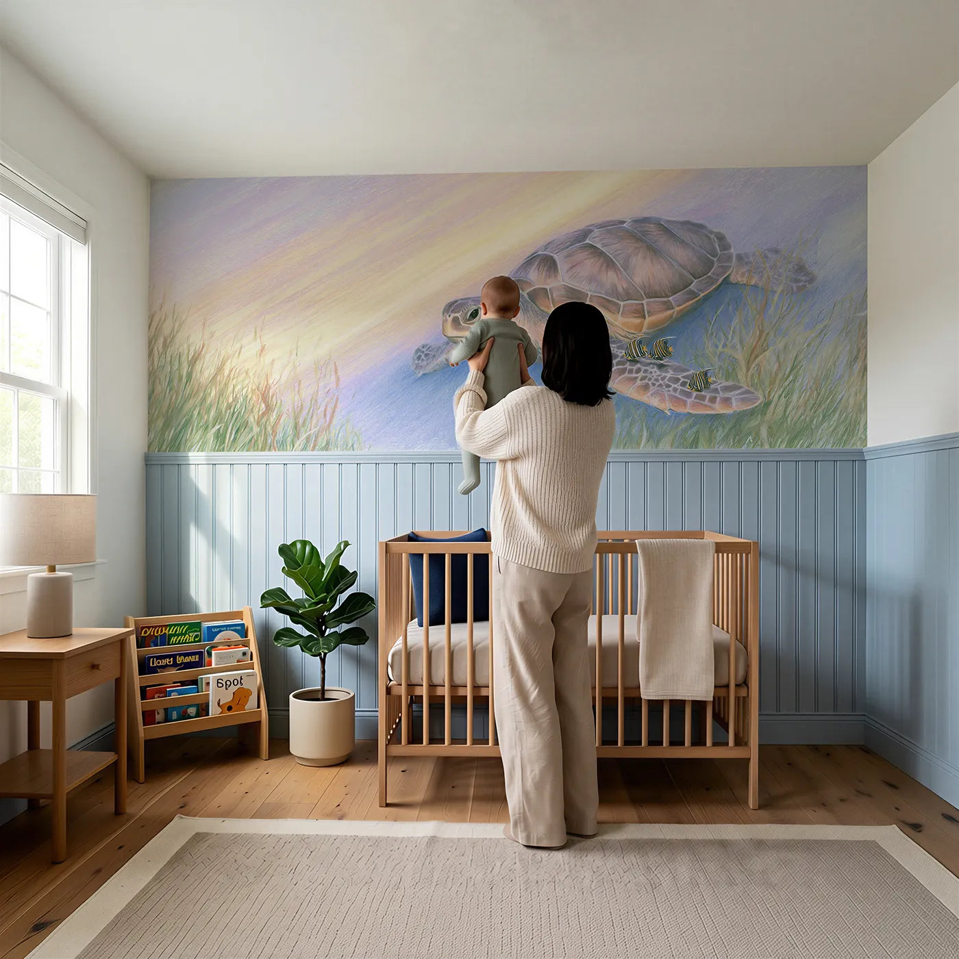 Child reading near Turtle Pilot Fish Friends Wainscoting Wallpaper by Whimsy Tots