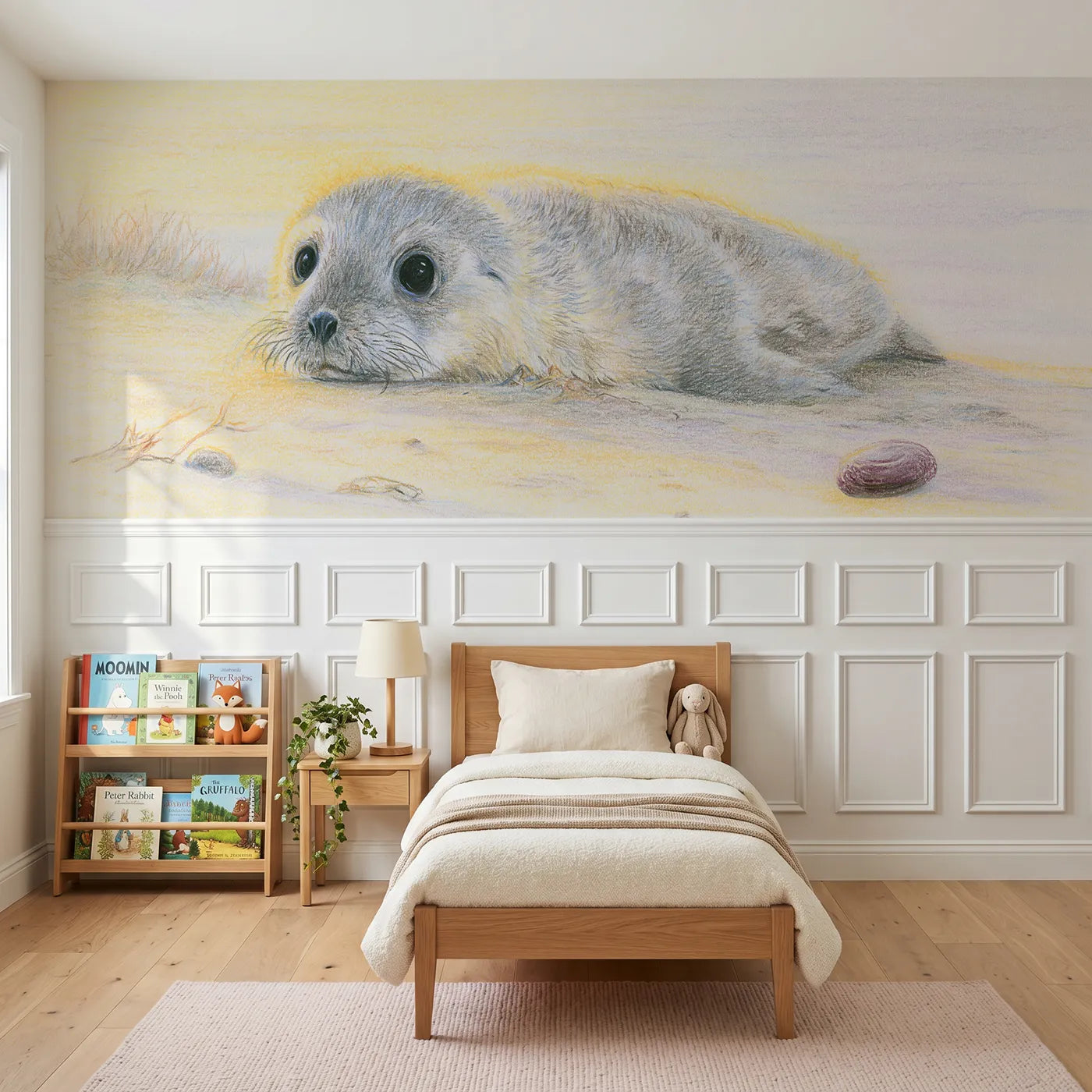 Colored pencil wainscoting wallpaper of a seal pup with big dark eyes by Whimsy Tots