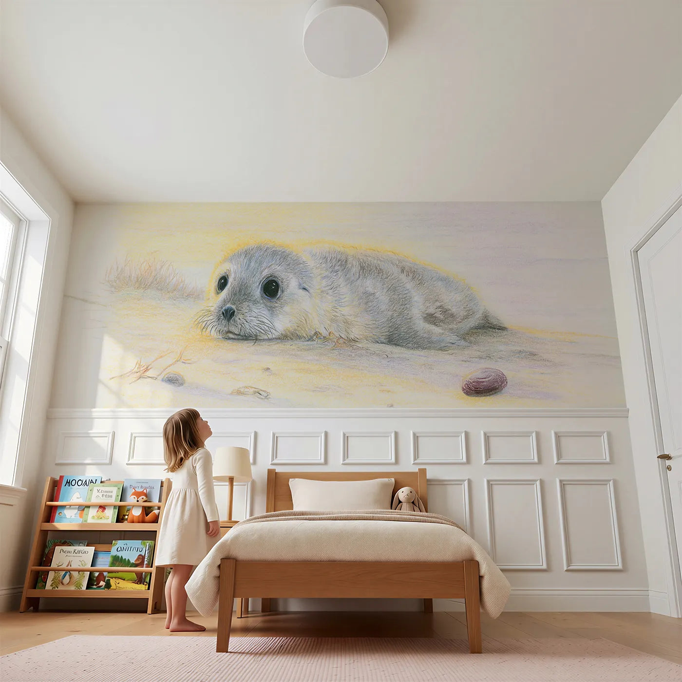 Child reading near Seal Pup Big Eyes Sand Wainscoting Wallpaper by Whimsy Tots