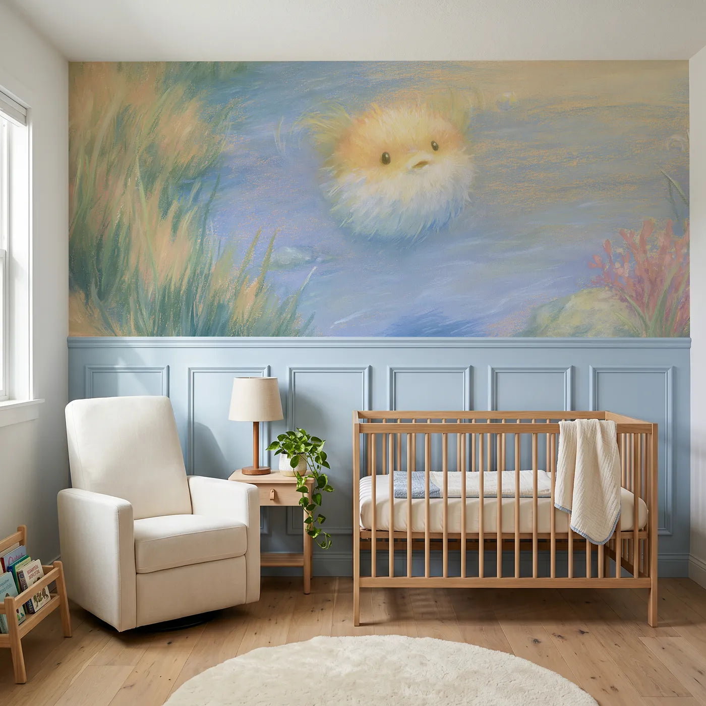 Colored pencil wainscoting wallpaper of a fully puffed pufferfish by Whimsy Tots