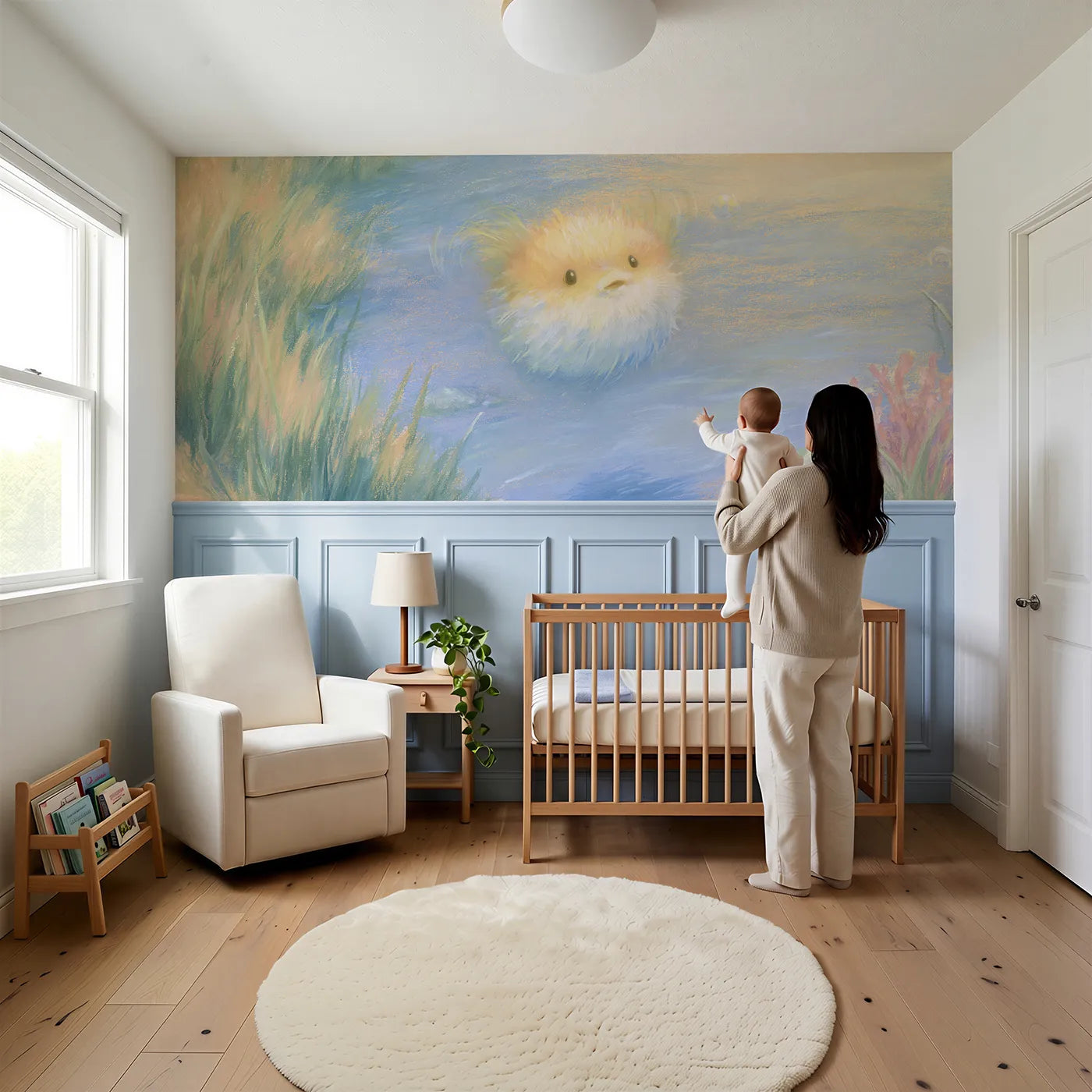 Child reading near Pufferfish Surprise Puff Wainscoting Wallpaper by Whimsy Tots