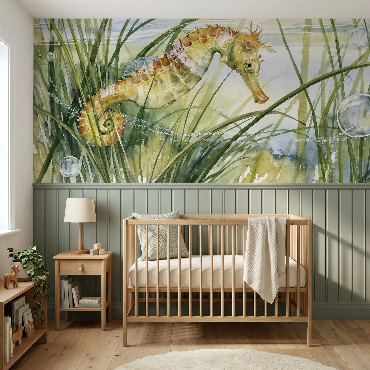Watercolor wainscoting wallpaper of a seahorse in fine seagrass by Whimsy Tots