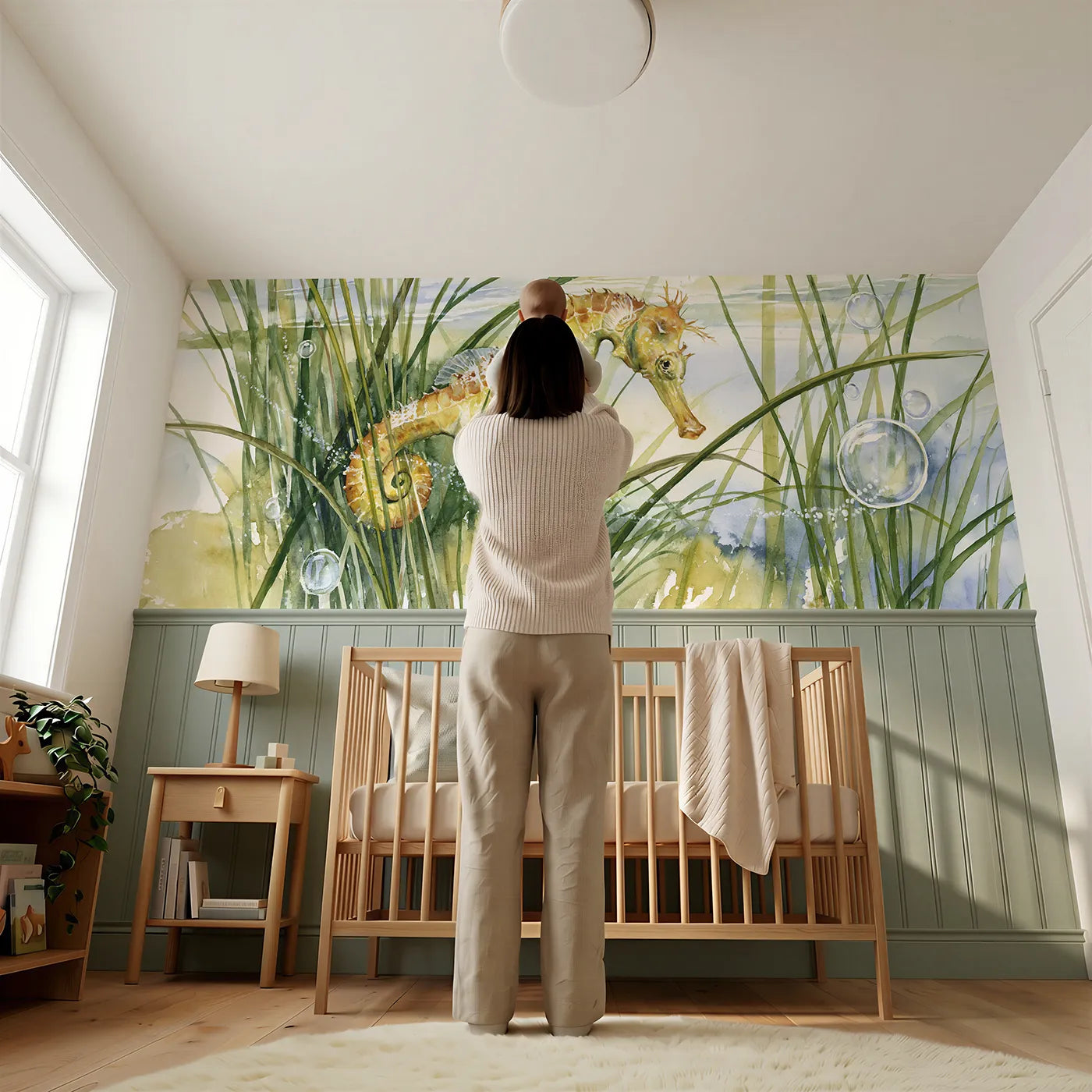 Child reading near Seahorse Seagrass Detail Wainscoting Wallpaper by Whimsy Tots