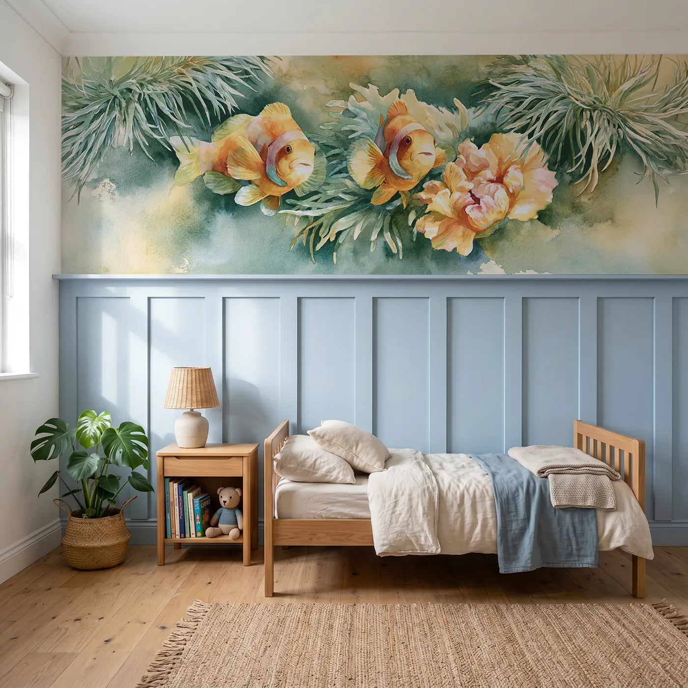 Watercolor wainscoting wallpaper of clownfish in an anemone garden by Whimsy Tots