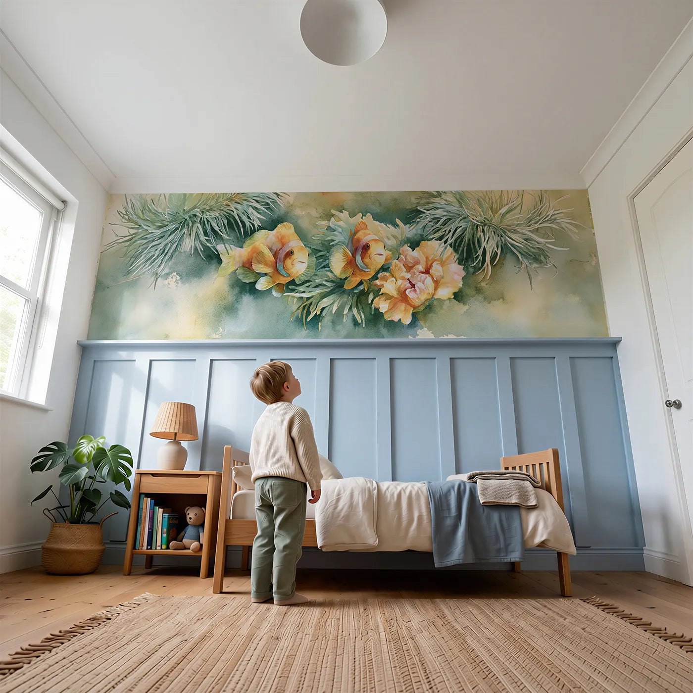Child reading near Anemone Garden Clownfish Pair Wainscoting Wallpaper by Whimsy Tots