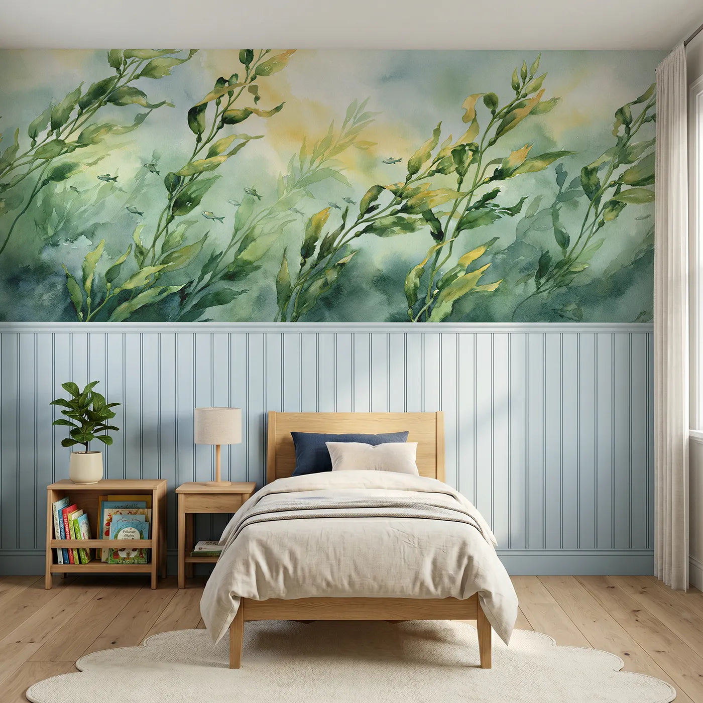 Watercolor wainscoting wallpaper of a sunlit kelp forest with fish by Whimsy Tots
