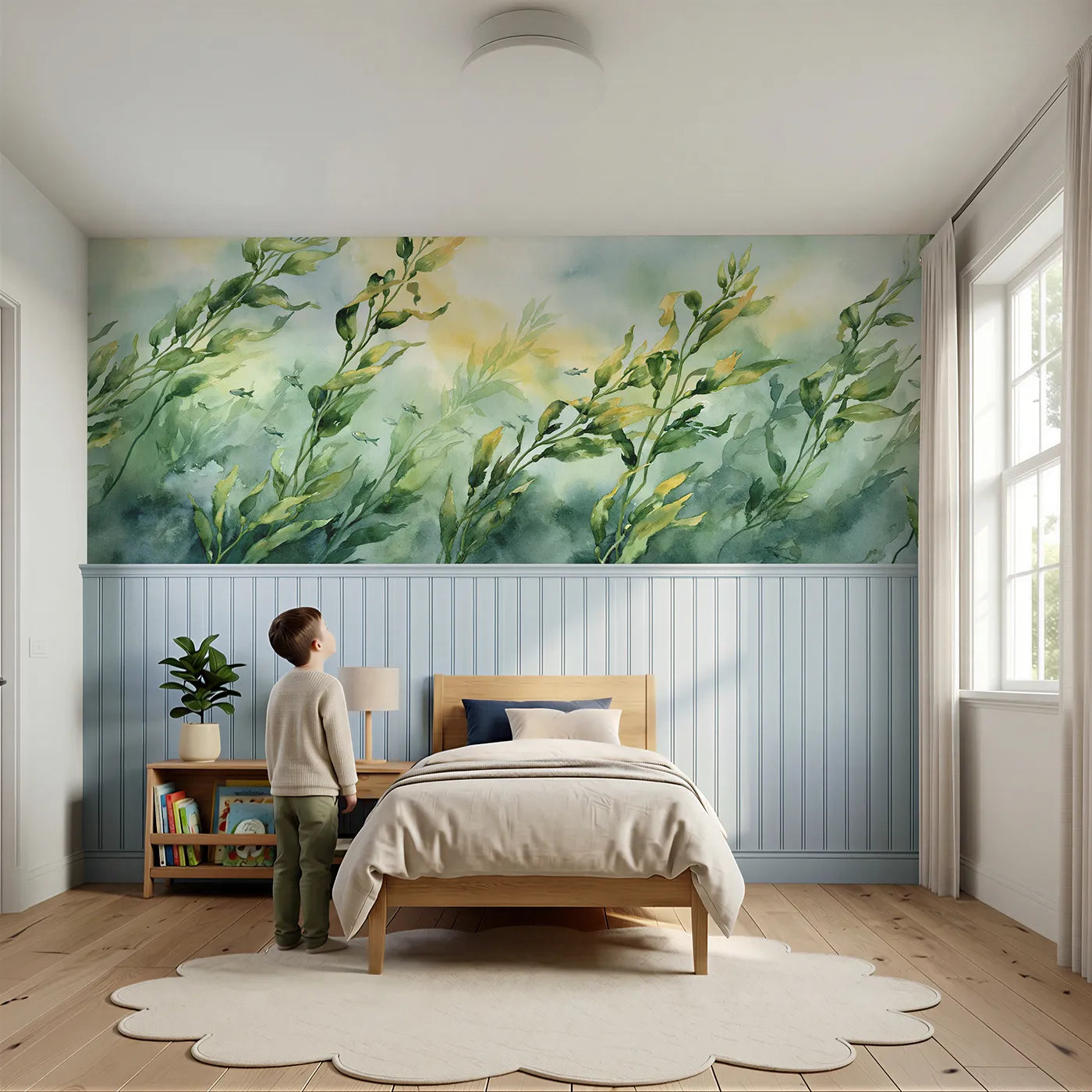 Child reading near Kelp Forest Sunlight Detail Wainscoting Wallpaper by Whimsy Tots