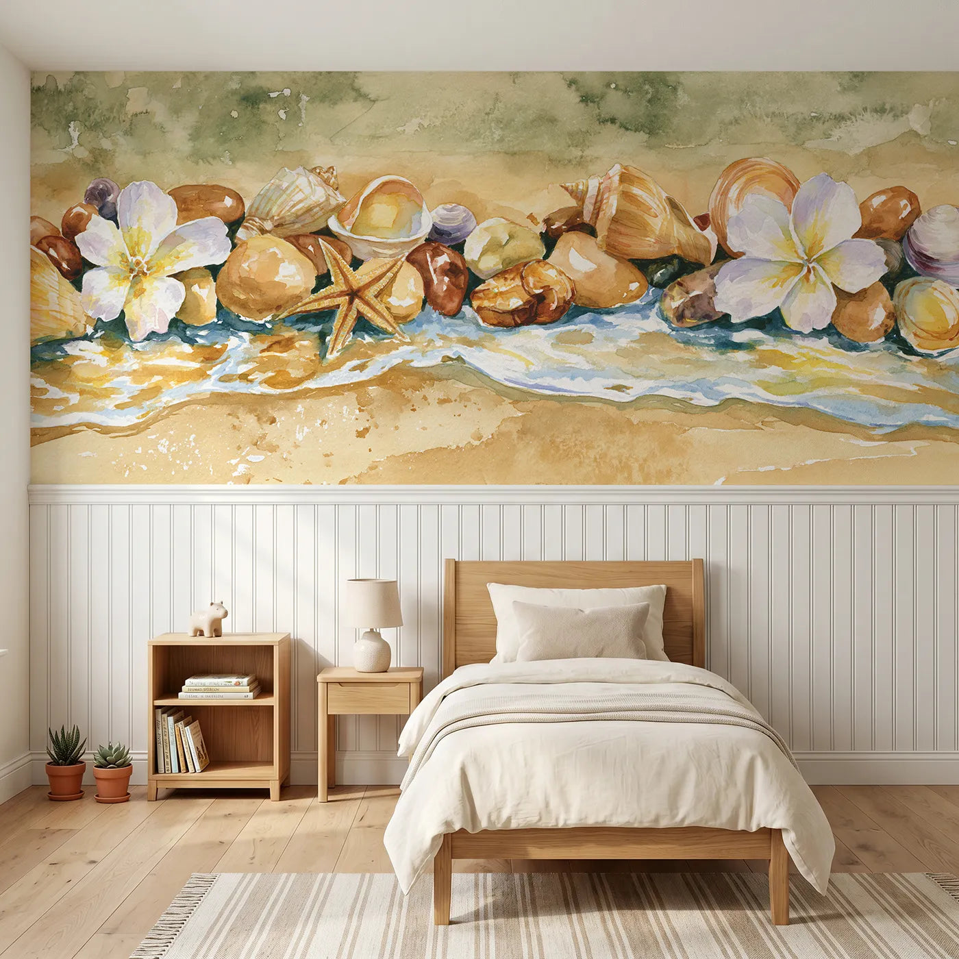 Watercolor wainscoting wallpaper of shells along a tide line by Whimsy Tots