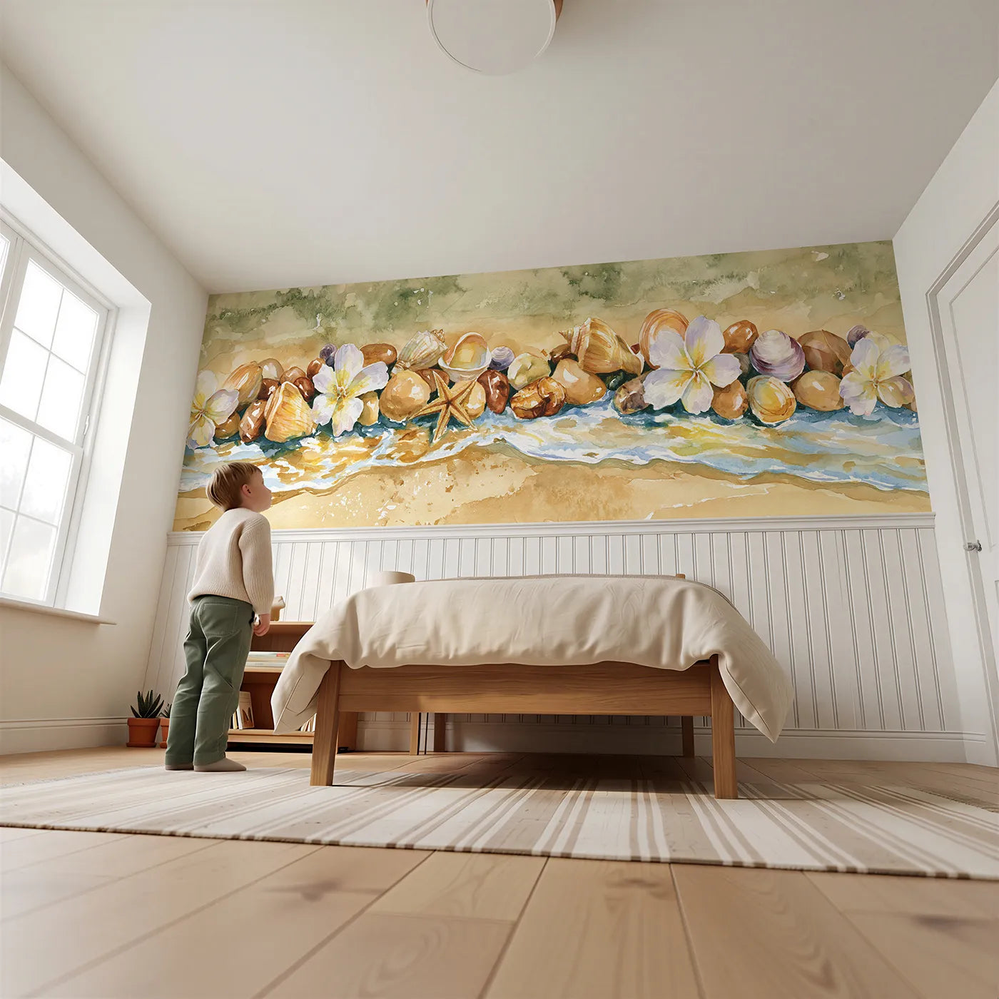 Child reading near Shell Treasure Line Detail Wainscoting Wallpaper by Whimsy Tots