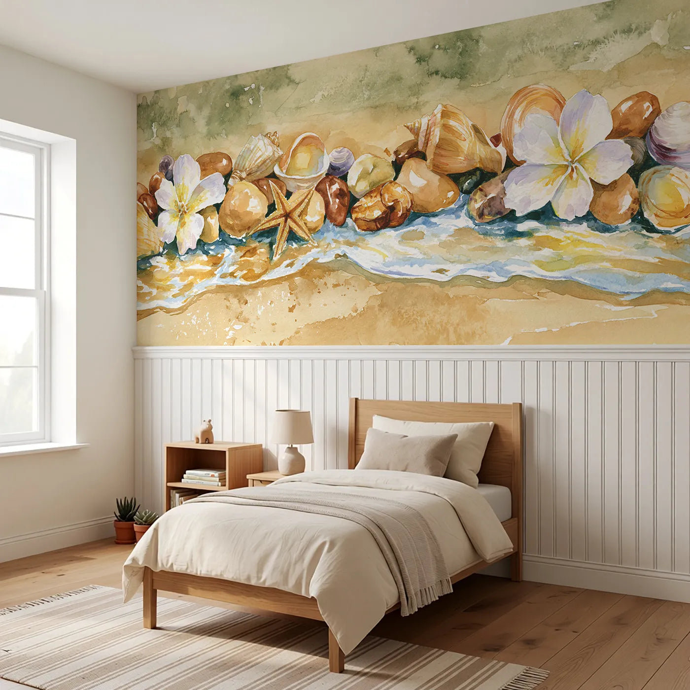 Shell Treasure Line Detail Wainscoting Wallpaper styled in a kids room by Whimsy Tots