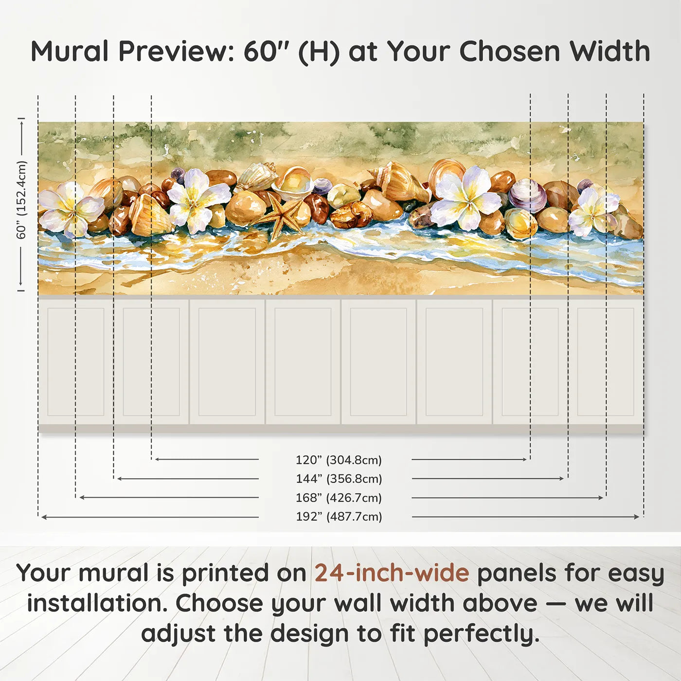 Panel dimensions for Shell Treasure Line Detail Wainscoting Wallpaper by Whimsy Tots