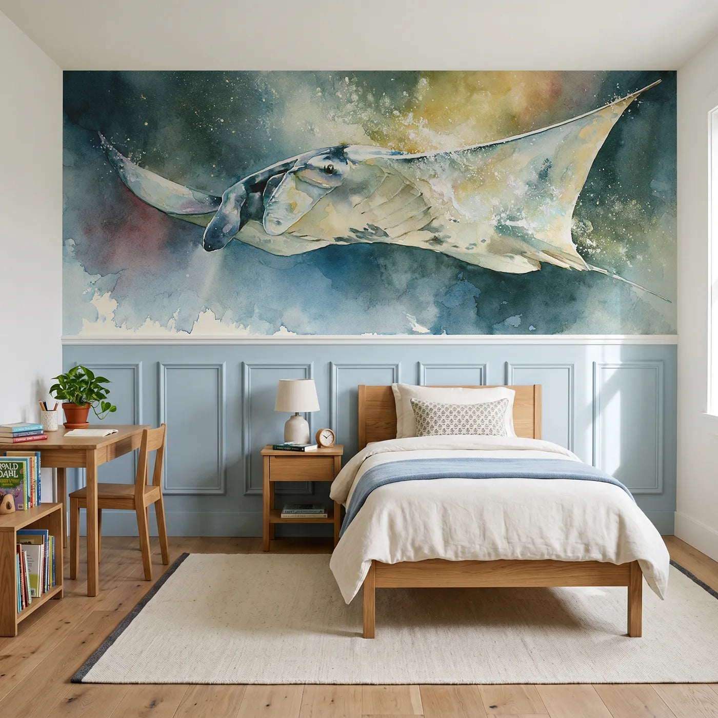 Watercolor wainscoting wallpaper of a manta ray in glowing plankton by Whimsy Tots