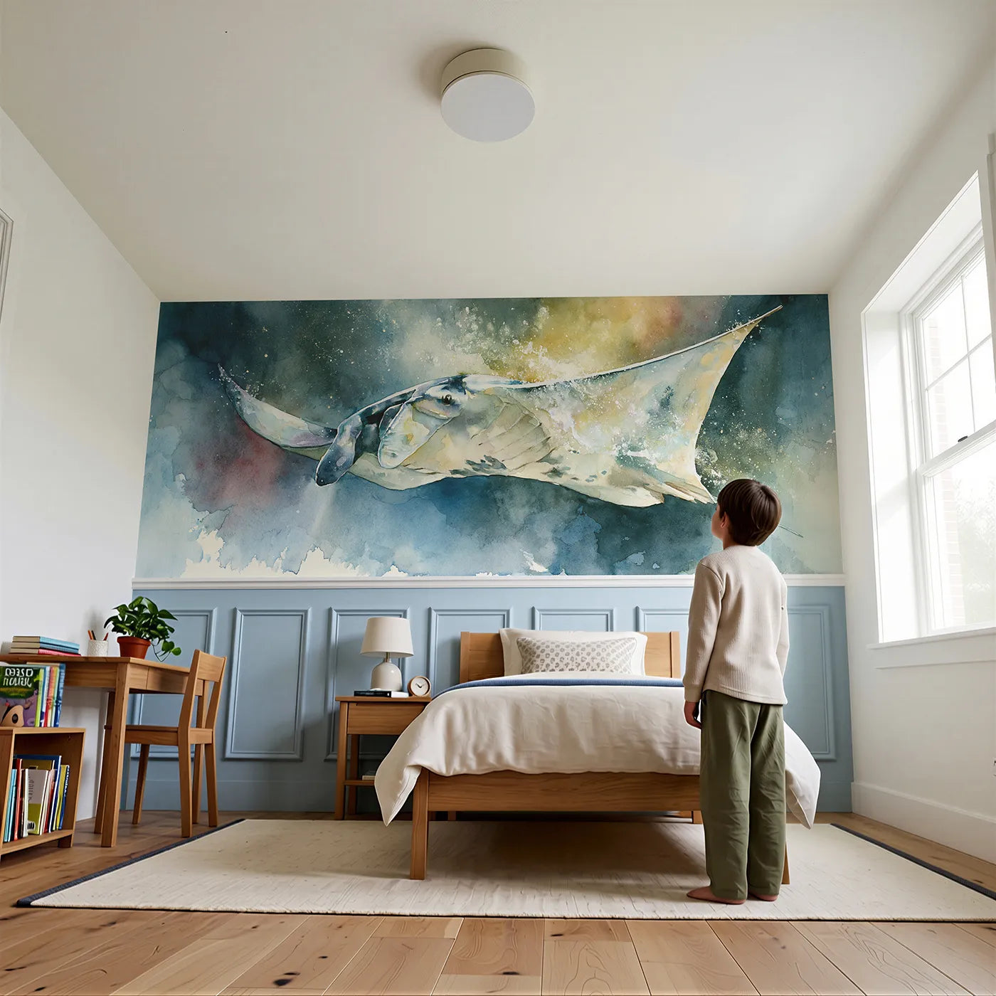 Child reading near Manta Ray Plankton Glow Wainscoting Wallpaper by Whimsy Tots