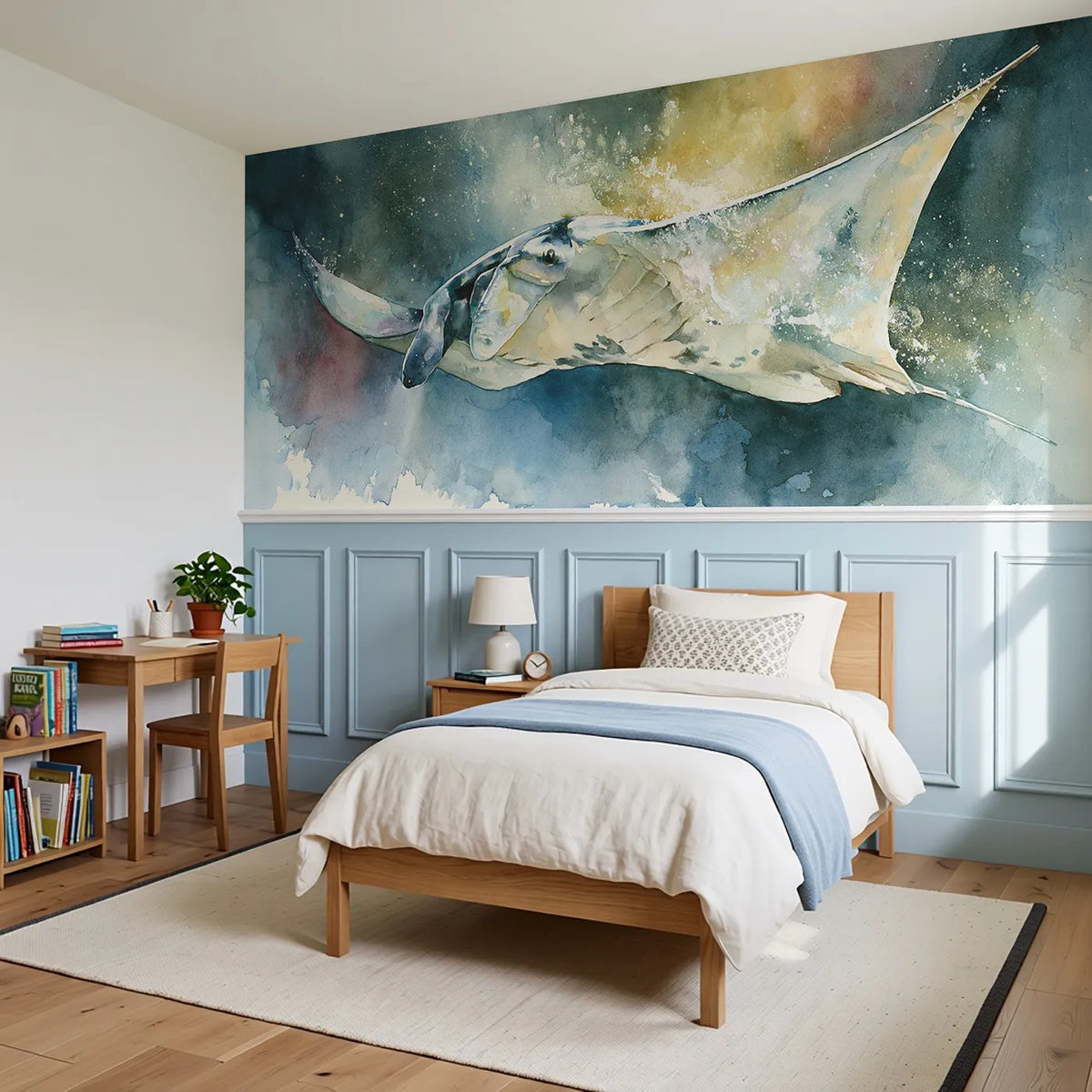 Manta Ray Plankton Glow Wainscoting Wallpaper styled in a kids room by Whimsy Tots