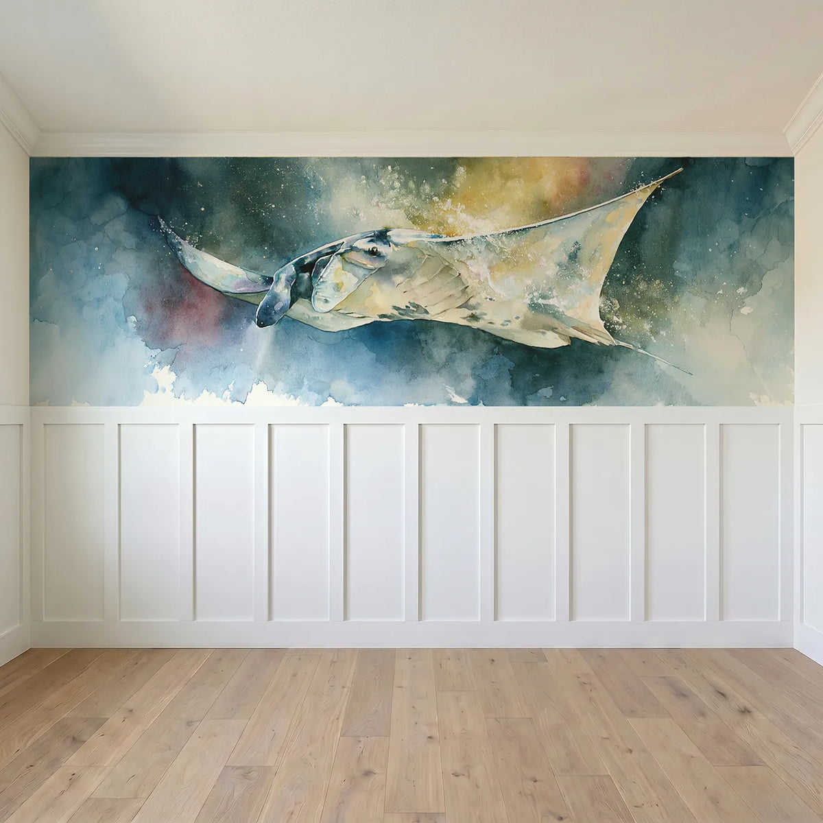 Full panel view of Manta Ray Plankton Glow Wainscoting Wallpaper by Whimsy Tots