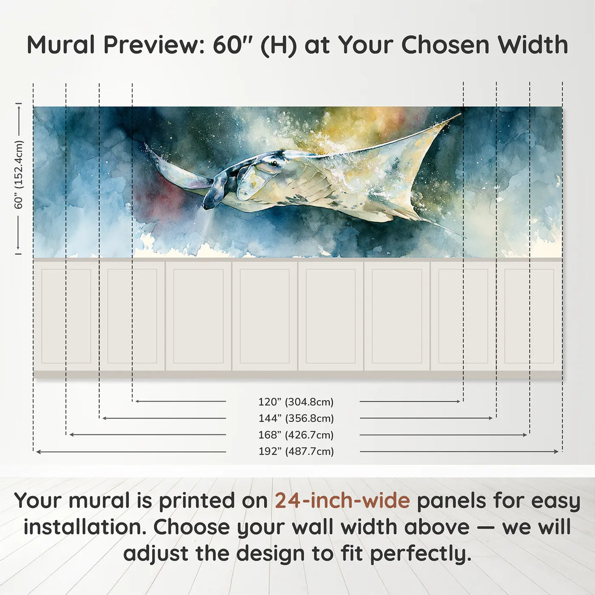 Panel dimensions for Manta Ray Plankton Glow Wainscoting Wallpaper by Whimsy Tots