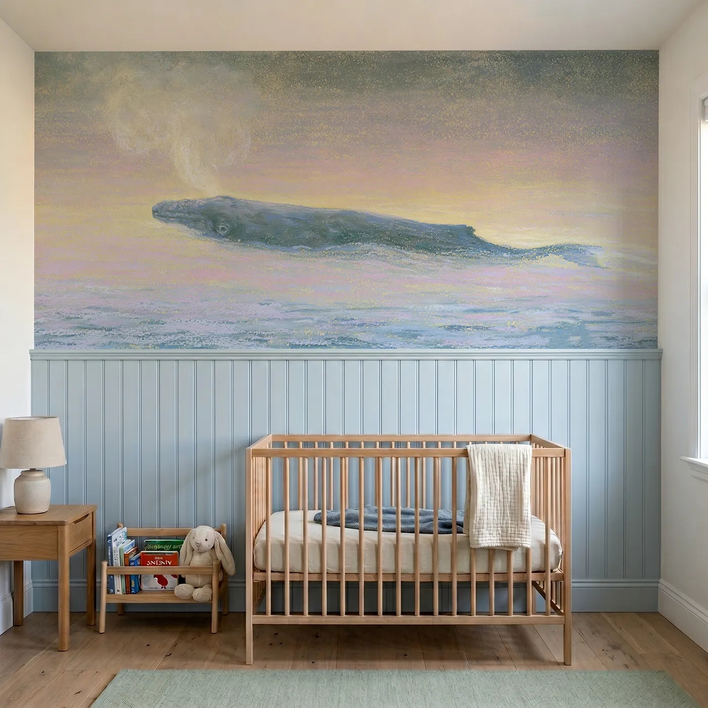 Soft pastel wainscoting wallpaper of a whale calf and its first spout by Whimsy Tots