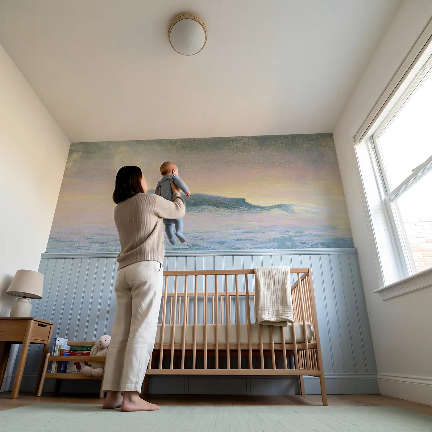 Child reading near Whale Calf First Spout Wainscoting Wallpaper by Whimsy Tots