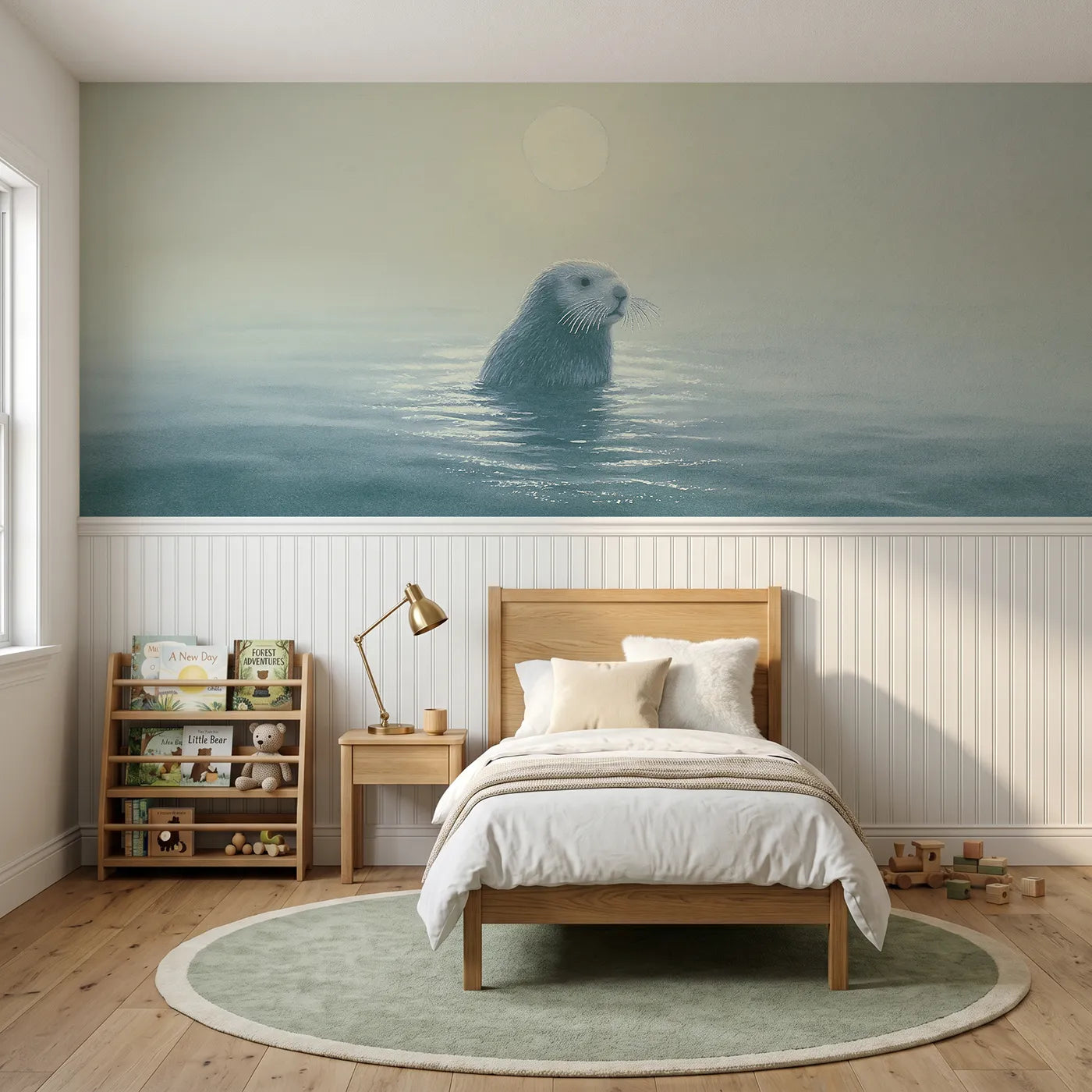 Soft pastel wainscoting mural of a seal bobbing in moonlight by Whimsy Tots