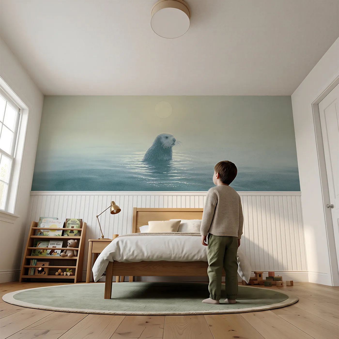 Child reading near Seal Moonlit Bob Wainscoting Wallpaper by Whimsy Tots