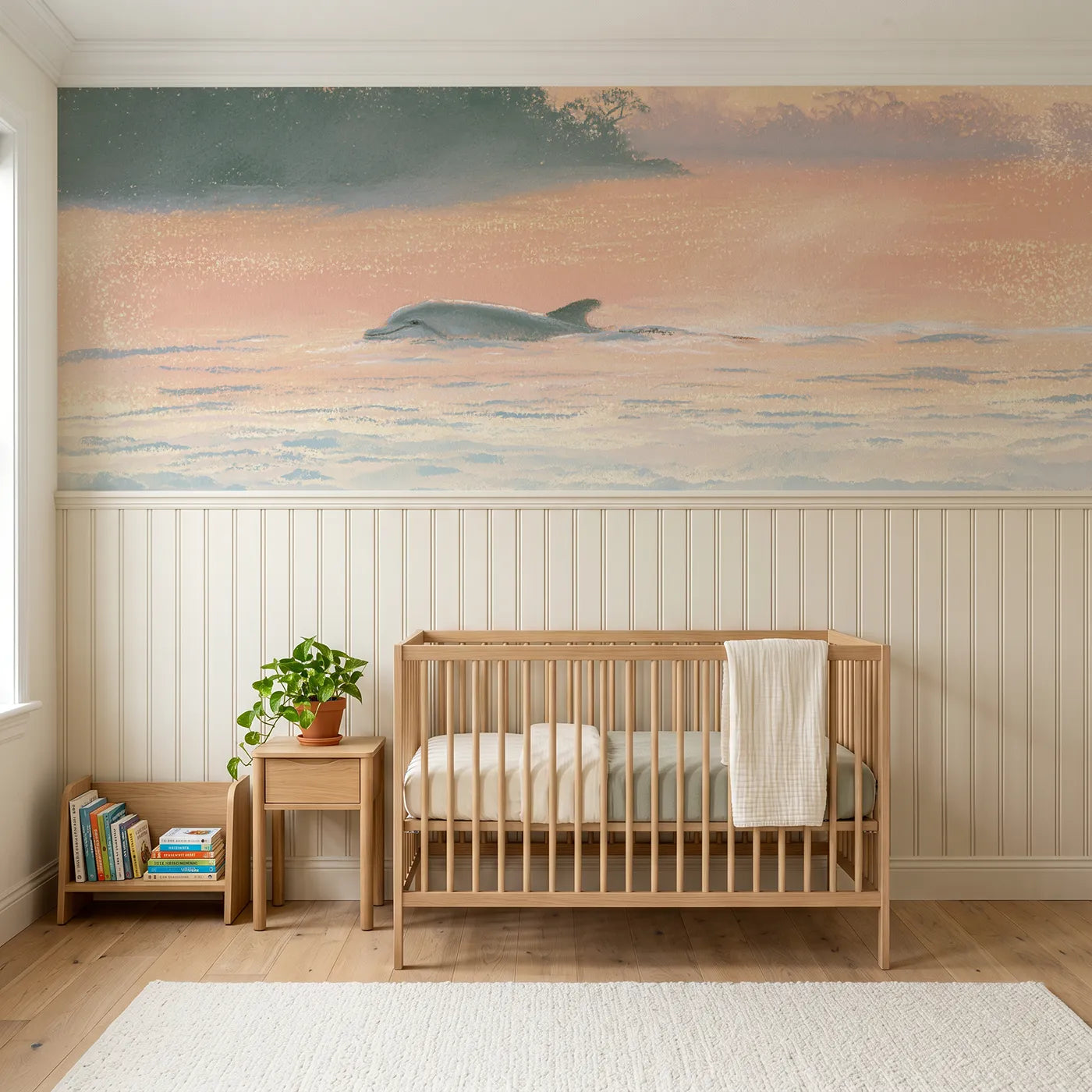 Soft pastel wainscoting wallpaper of a dolphin floating at evening by Whimsy Tots