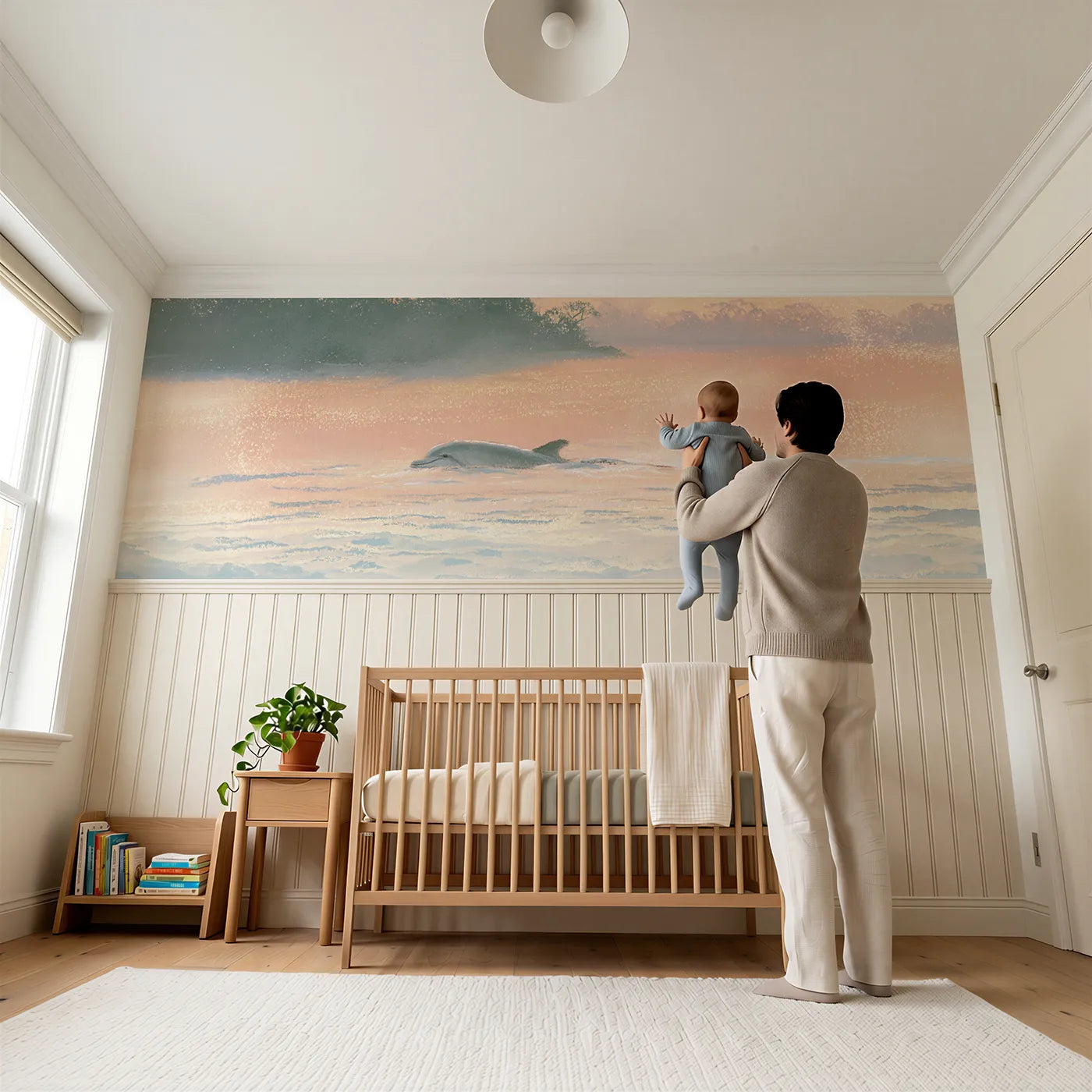 Child reading near Dolphin Quiet Float Evening Wainscoting Wallpaper by Whimsy Tots