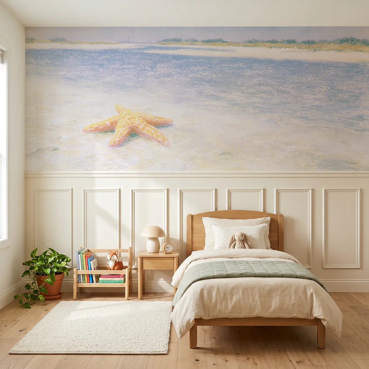 Soft pastel wainscoting wallpaper of a starfish dozing on rippled sand by Whimsy Tots