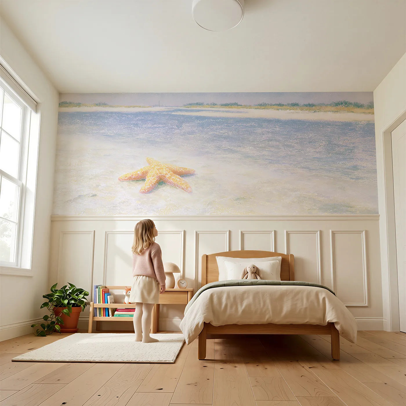 Child reading near Starfish Sandy Doze Wainscoting Wallpaper by Whimsy Tots