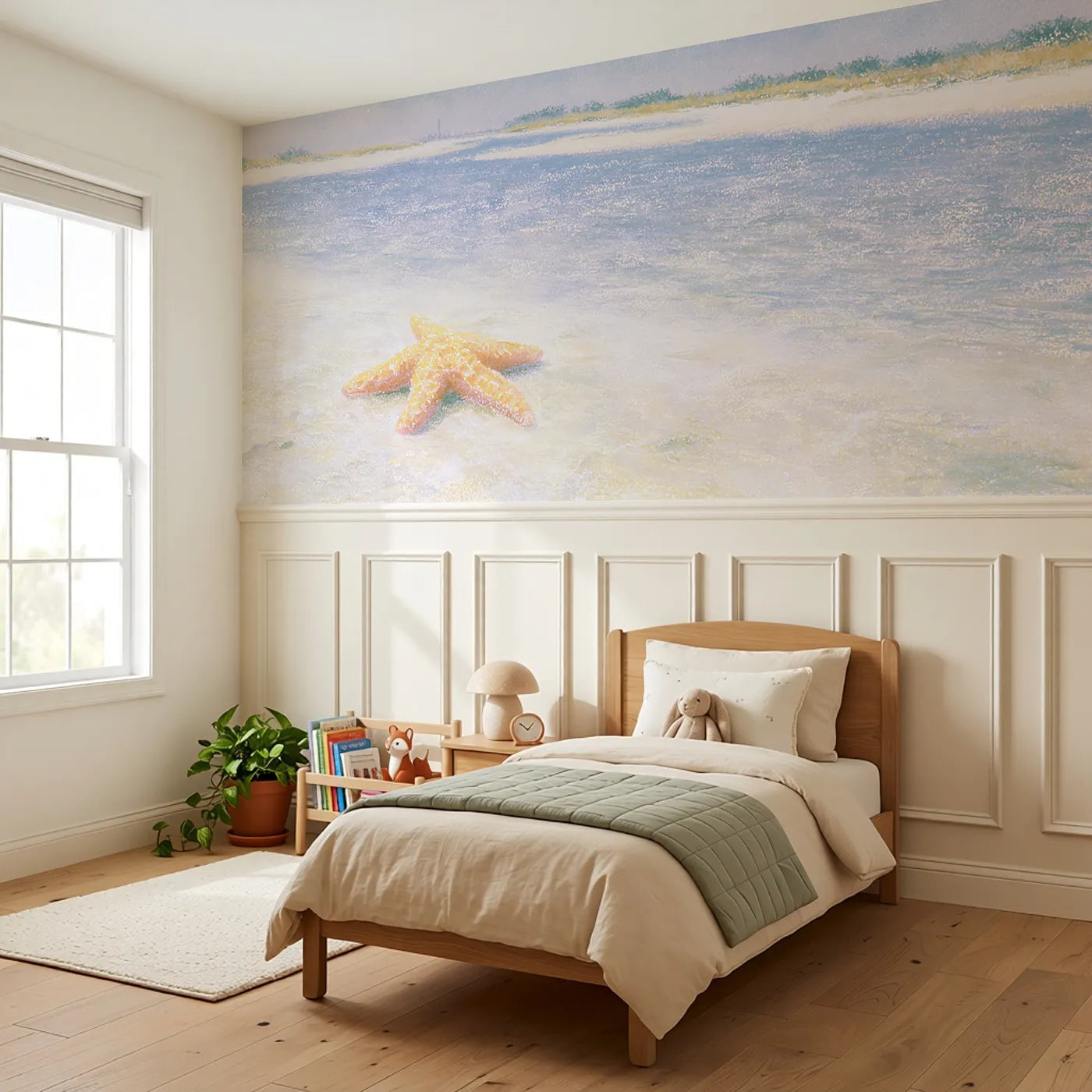 Starfish Sandy Doze Wainscoting Wallpaper styled in a kids room by Whimsy Tots