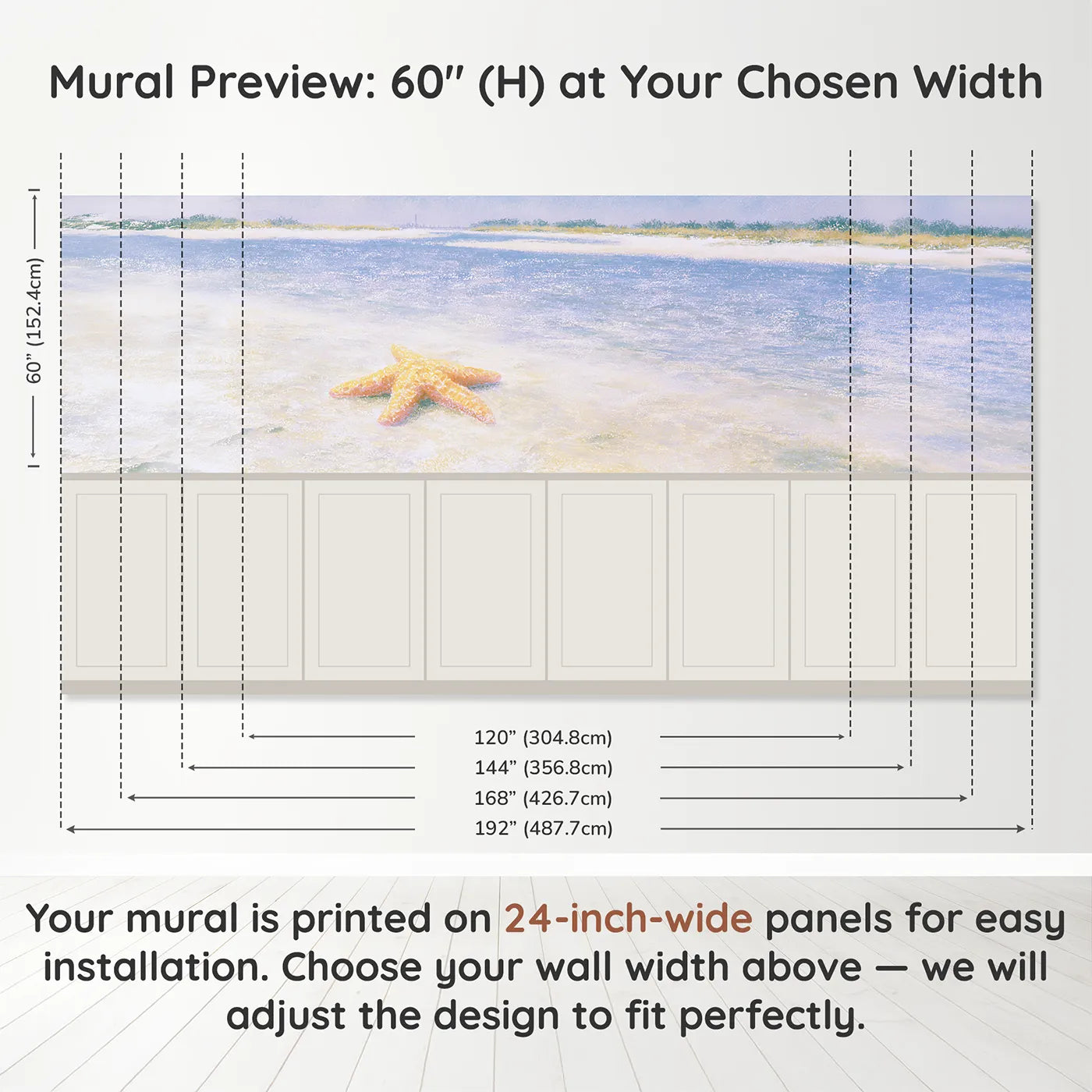 Panel dimensions for Starfish Sandy Doze Wainscoting Wallpaper by Whimsy Tots