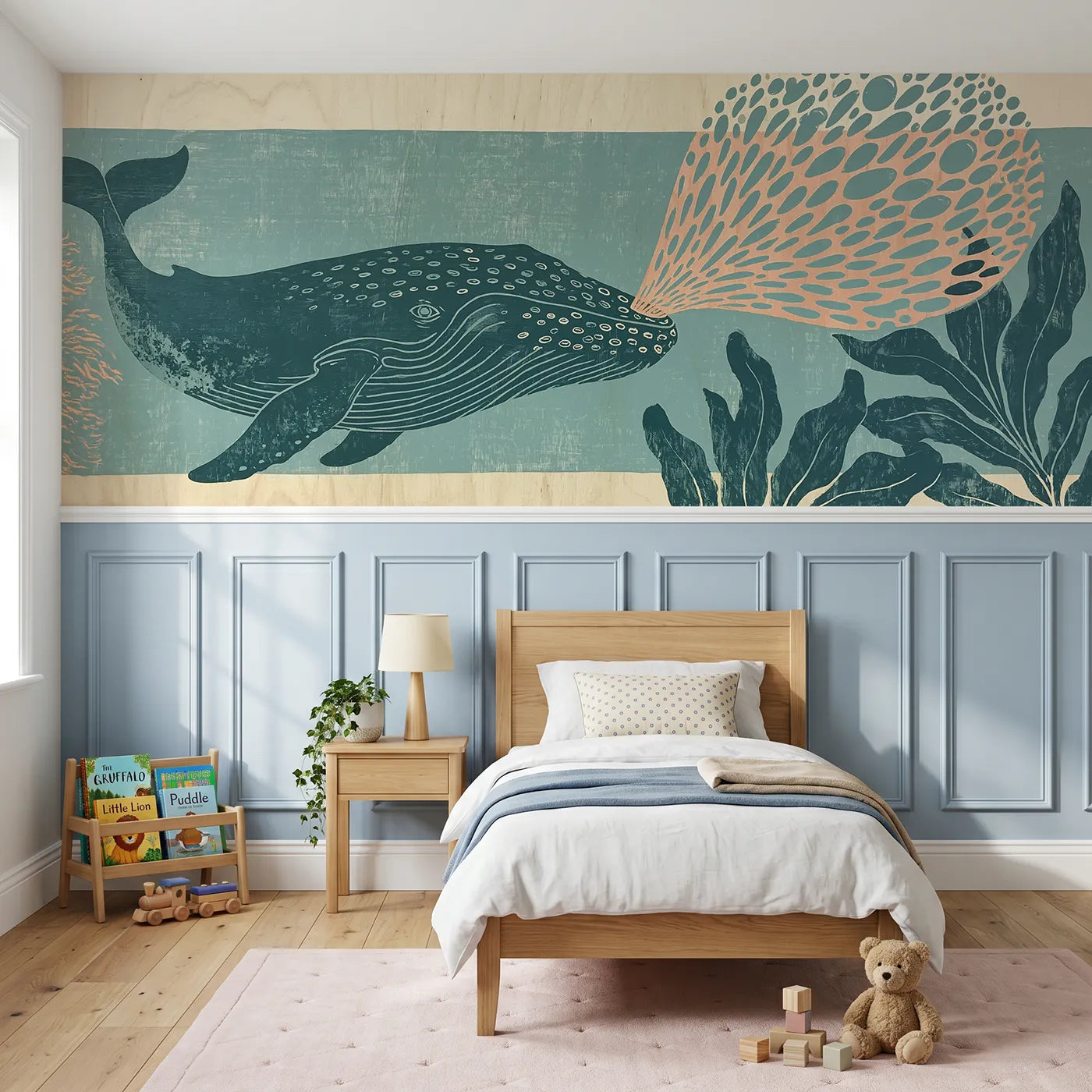 Block print wainscoting wallpaper of a carved whale blowing a bubble ring by Whimsy Tots