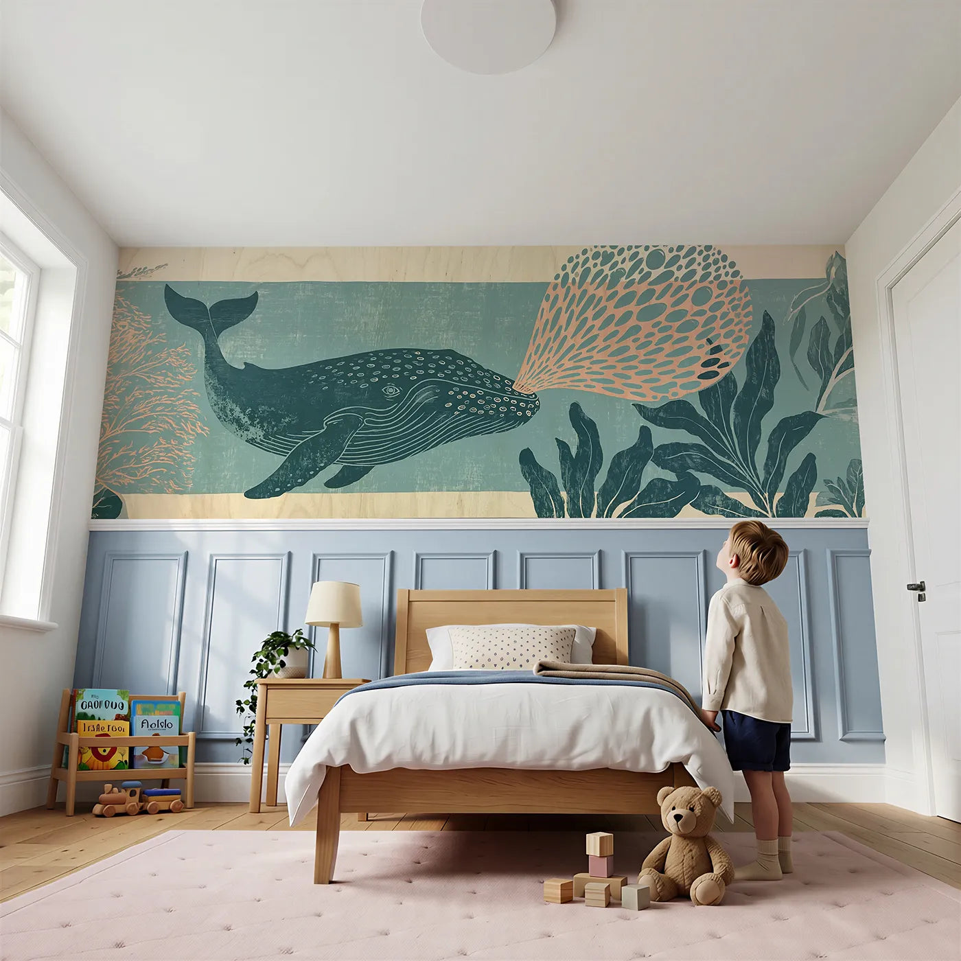 Child reading near Carved Whale Bubble Ring Wainscoting Wallpaper by Whimsy Tots