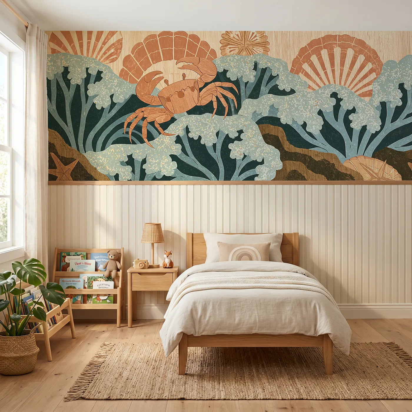 Block print wainscoting wallpaper of a carved crab dancing sideways by Whimsy Tots