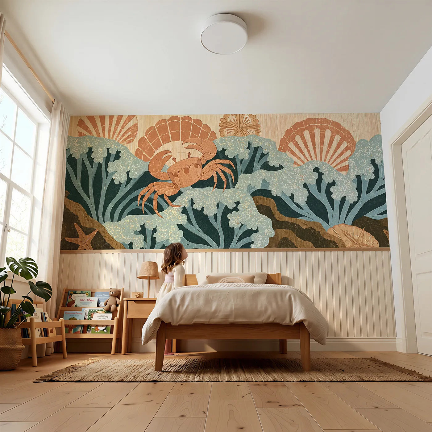 Child reading near Carved Crab Sideways Dance Wainscoting Wallpaper by Whimsy Tots