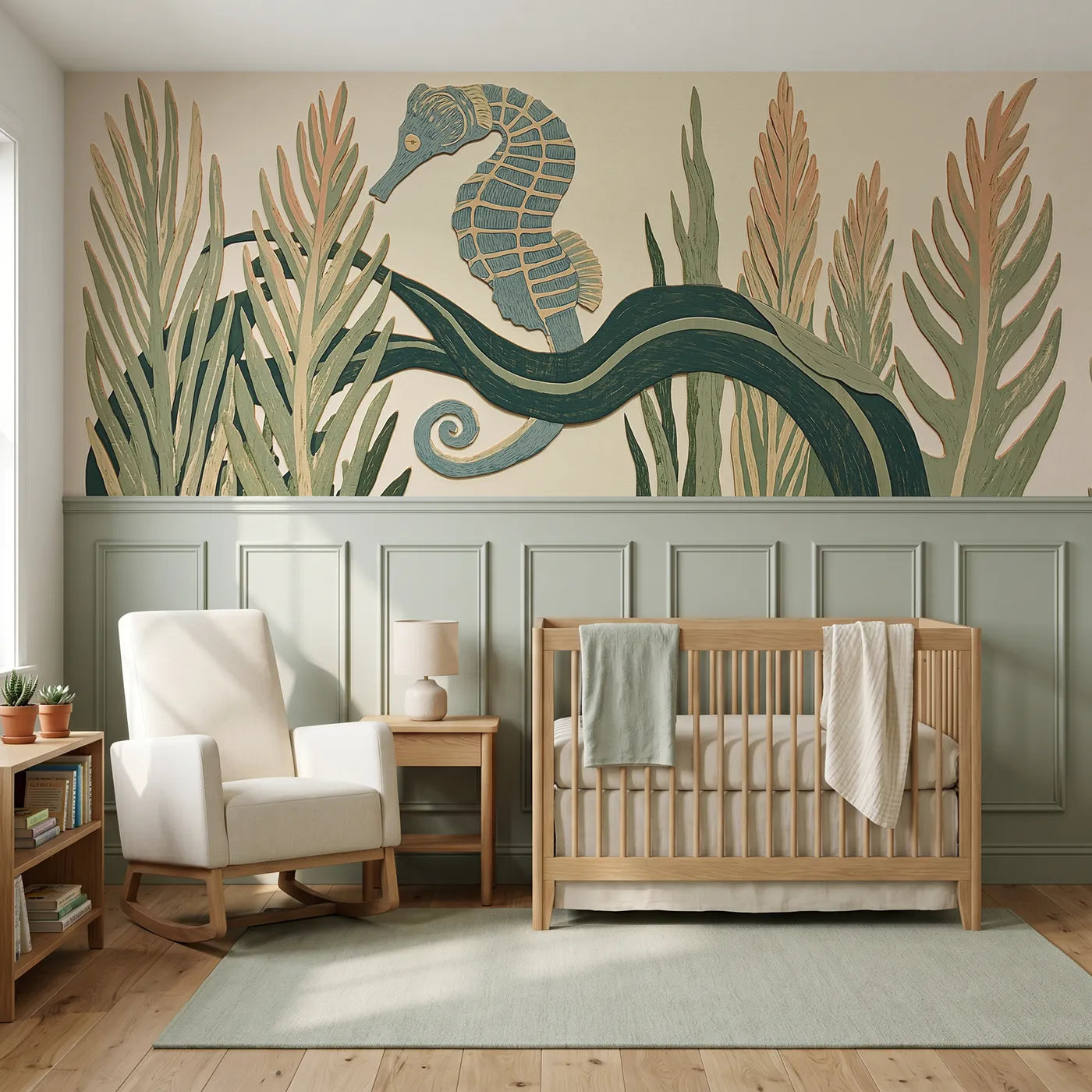 Block print wainscoting wallpaper of a carved seahorse curled on kelp by Whimsy Tots