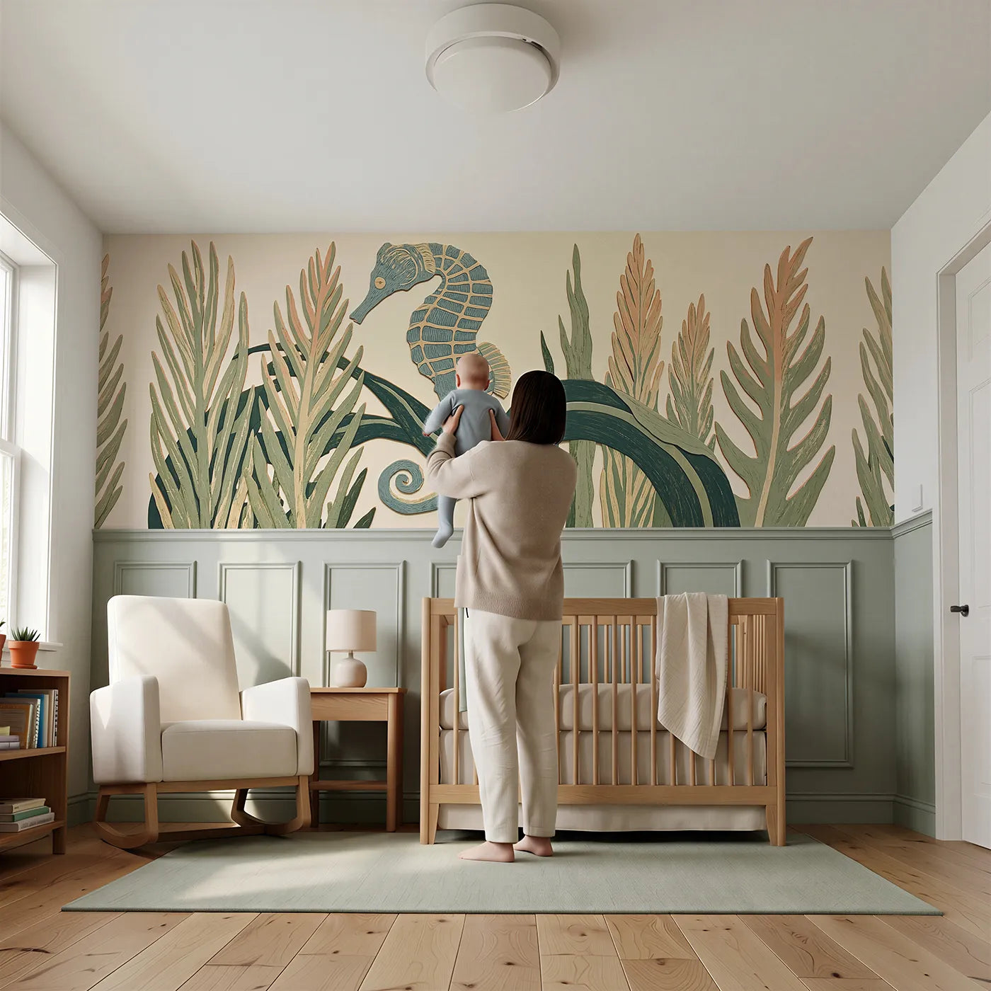 Child reading near Carved Seahorse Kelp Curl Wainscoting Wallpaper by Whimsy Tots