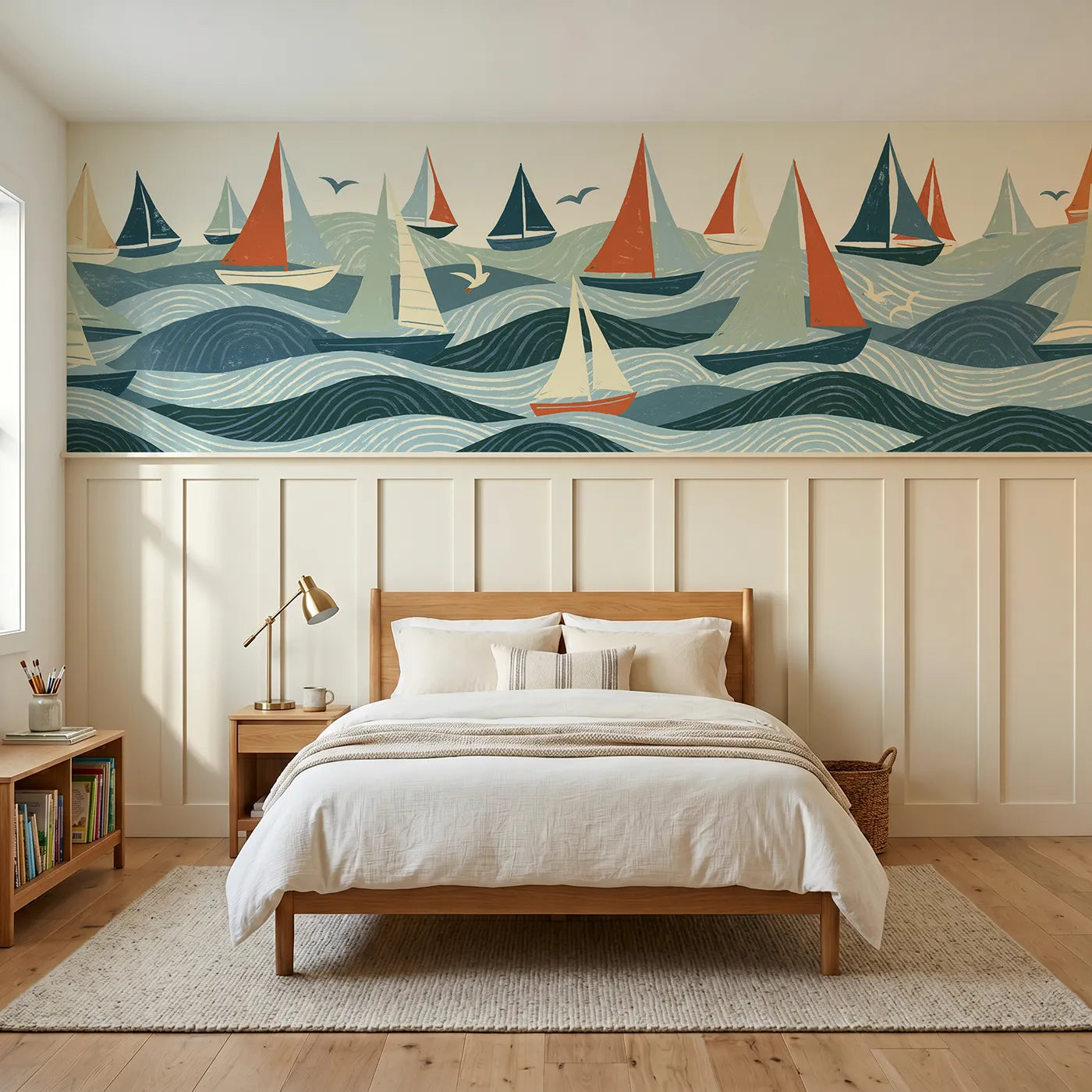 Block print wainscoting wallpaper of a carved sailboat fleet on waves by Whimsy Tots