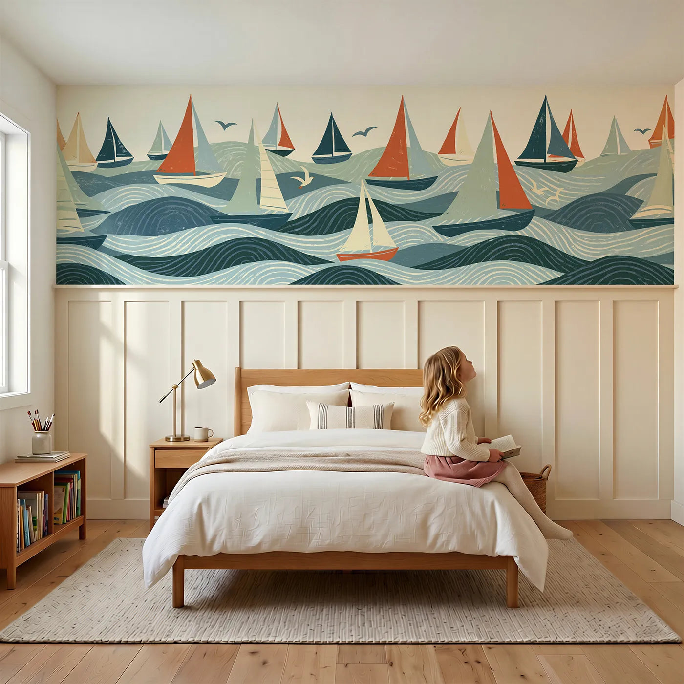 Child reading near Carved Sailboat Fleet Waves Wainscoting Wallpaper by Whimsy Tots