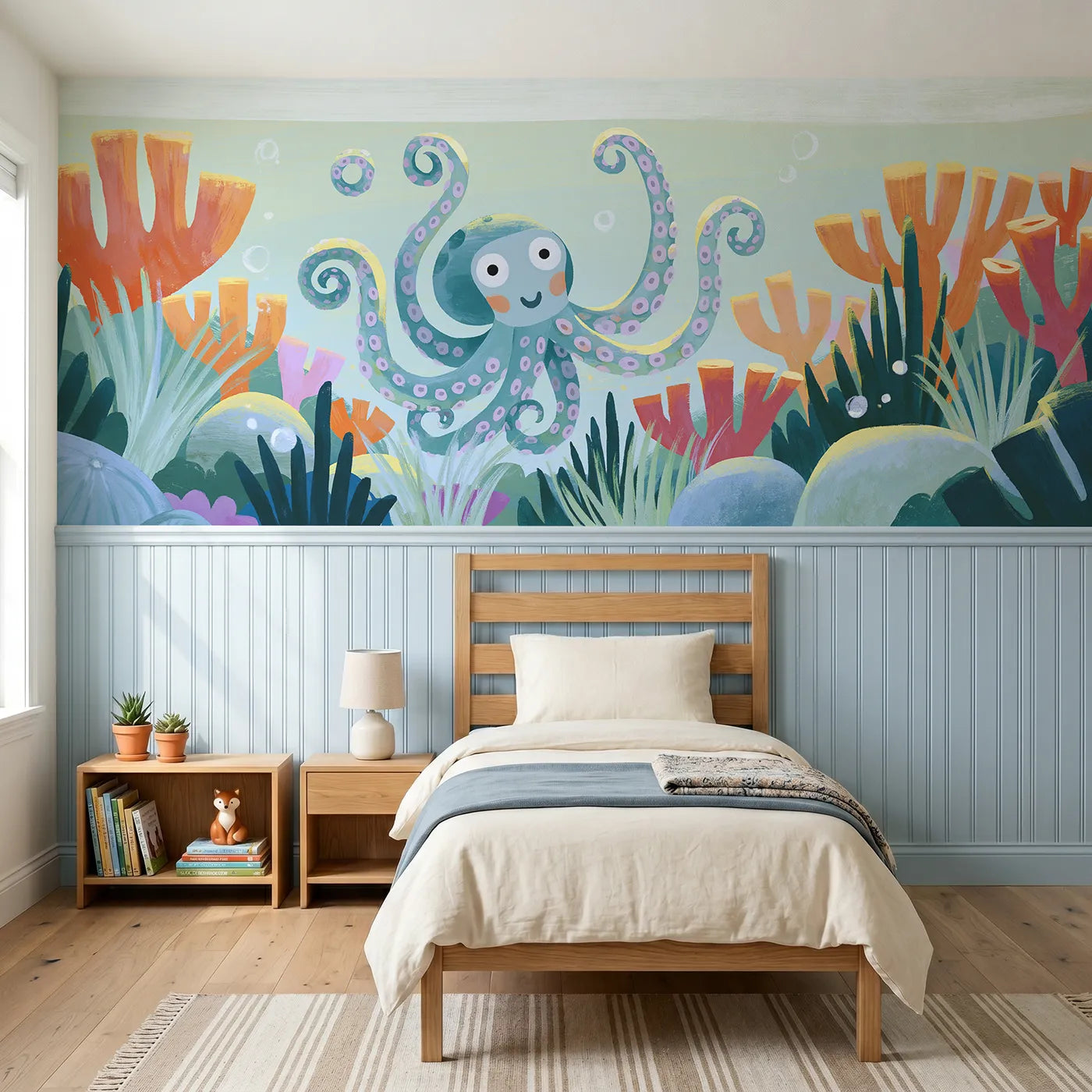 Modern illustration wainscoting wallpaper of an octopus waving three arms by Whimsy Tots