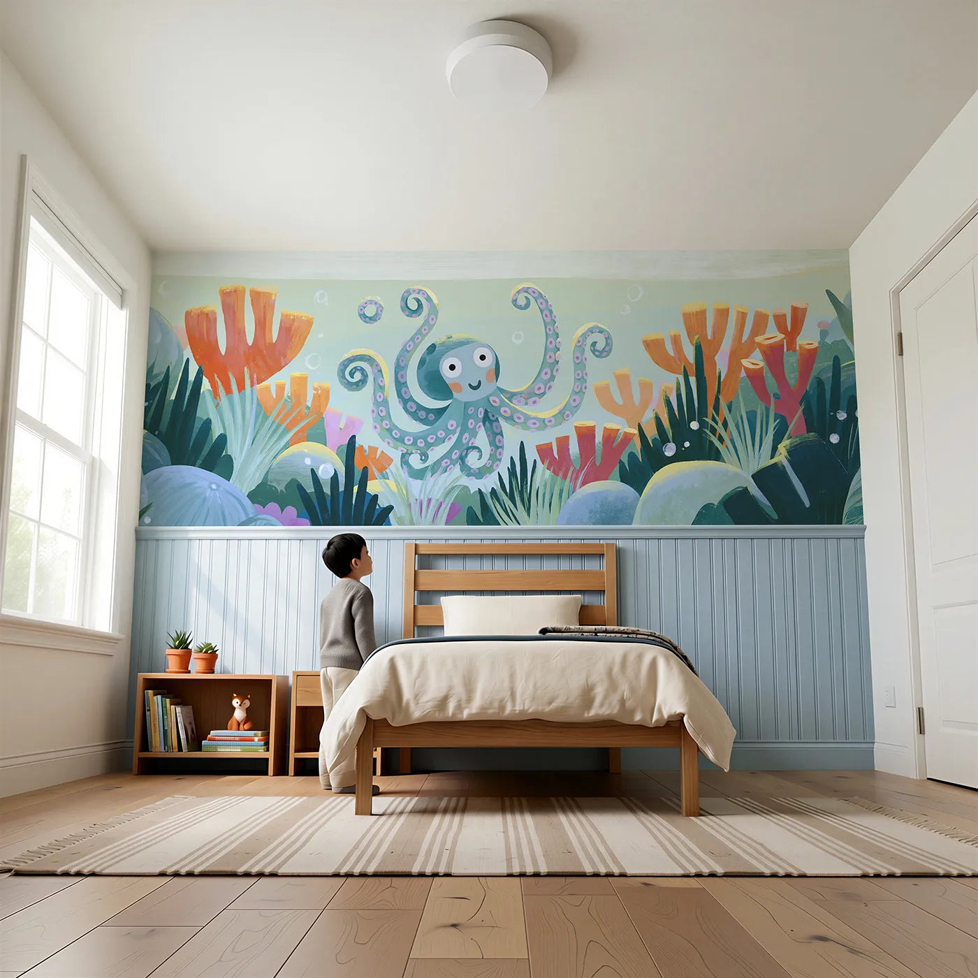 Child reading near Painted Octopus Arm Wave Wainscoting Wallpaper by Whimsy Tots
