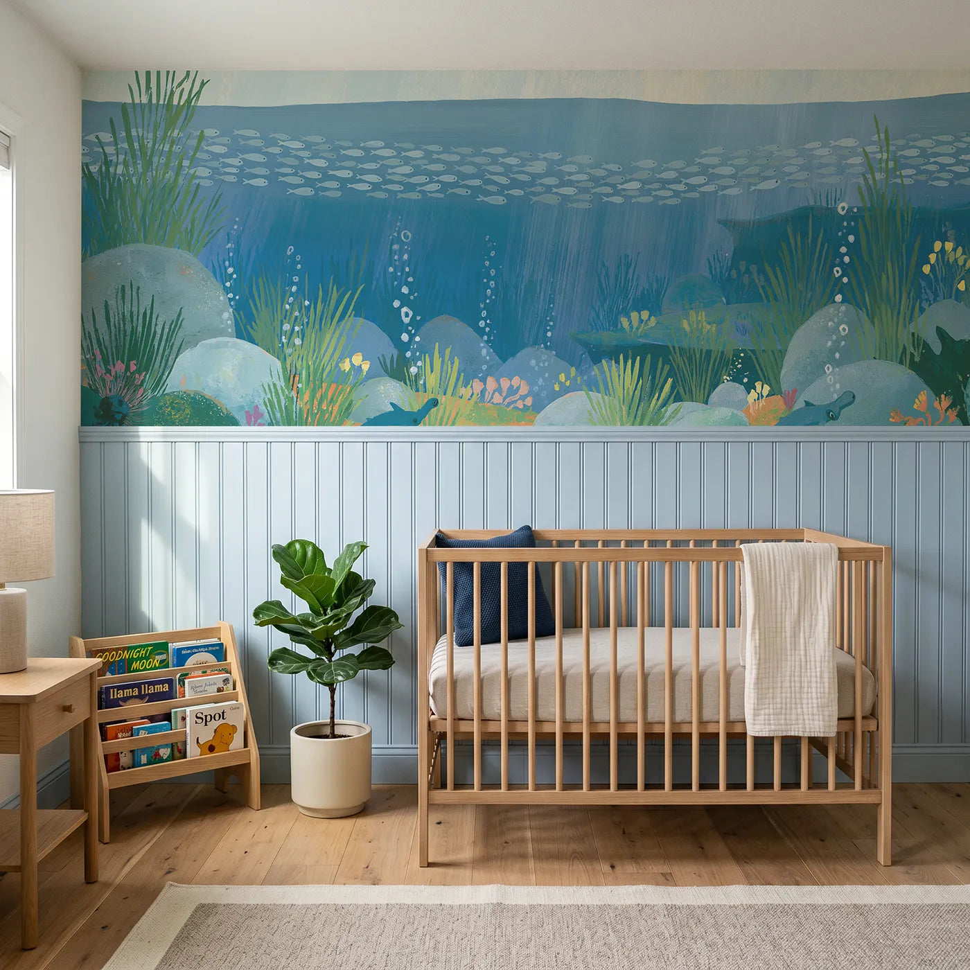 Modern illustration wainscoting wallpaper of a ribbon line of painted fish by Whimsy Tots