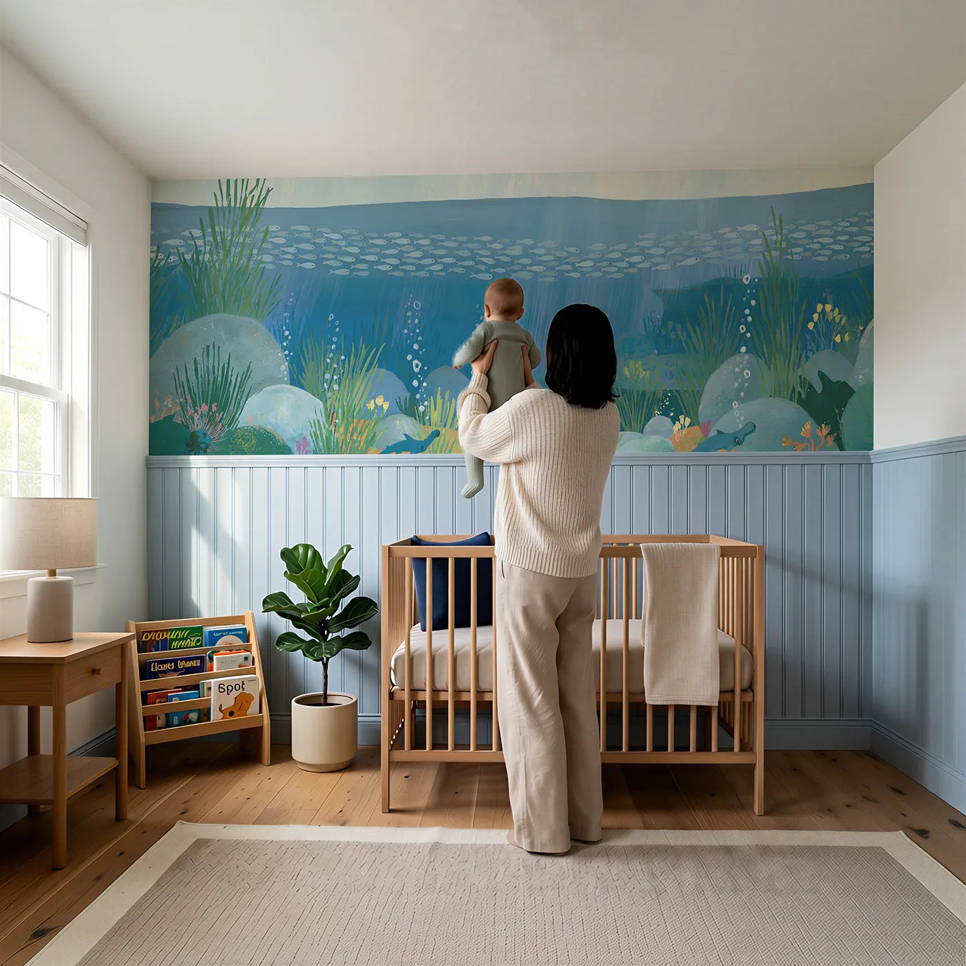 Child reading near Painted Fish Ribbon Swim Wainscoting Wallpaper by Whimsy Tots