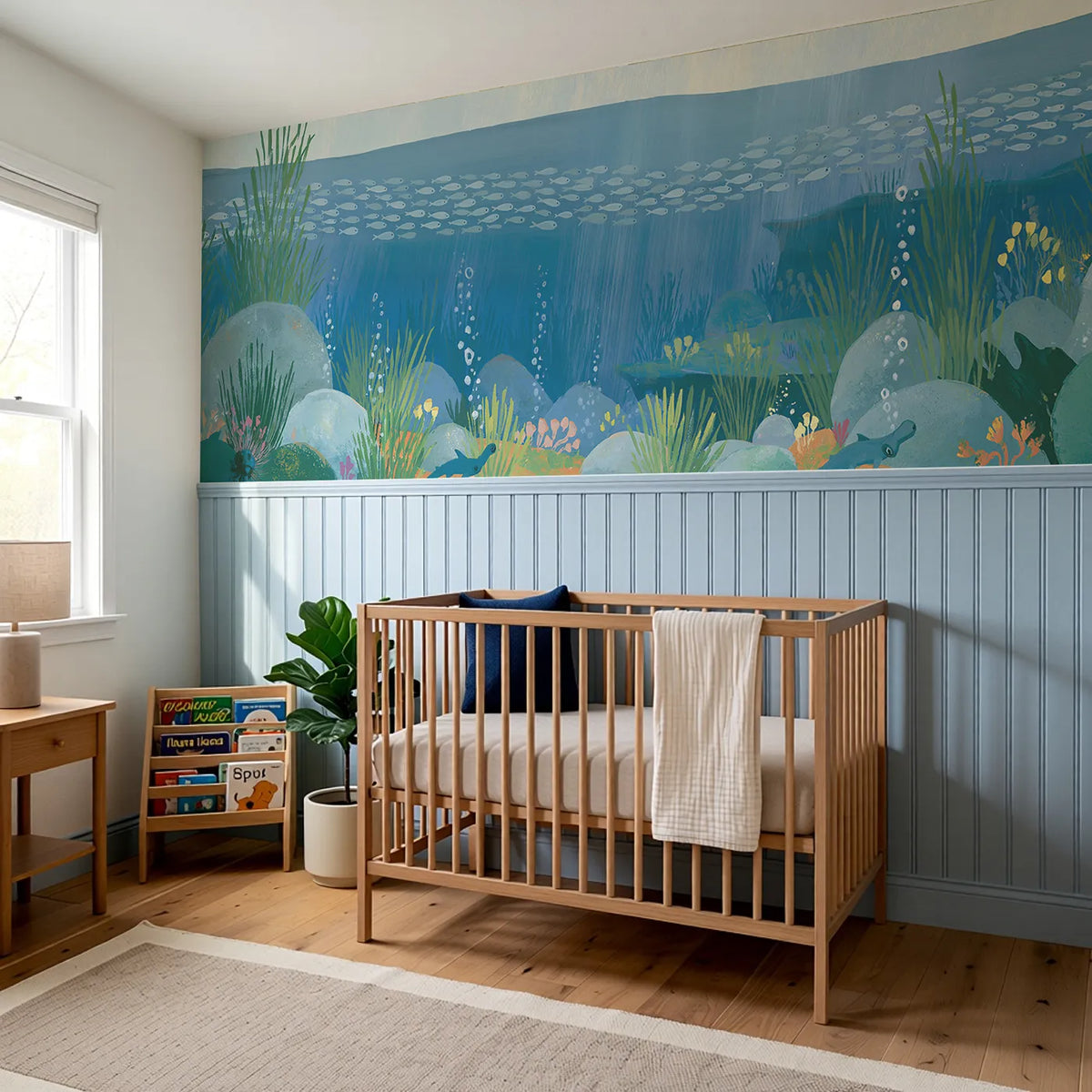 Painted Fish Ribbon Swim Wainscoting Wallpaper styled in a kids room by Whimsy Tots