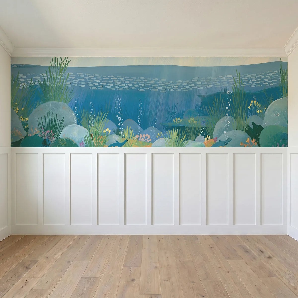 Full panel view of Painted Fish Ribbon Swim Wainscoting Wallpaper by Whimsy Tots