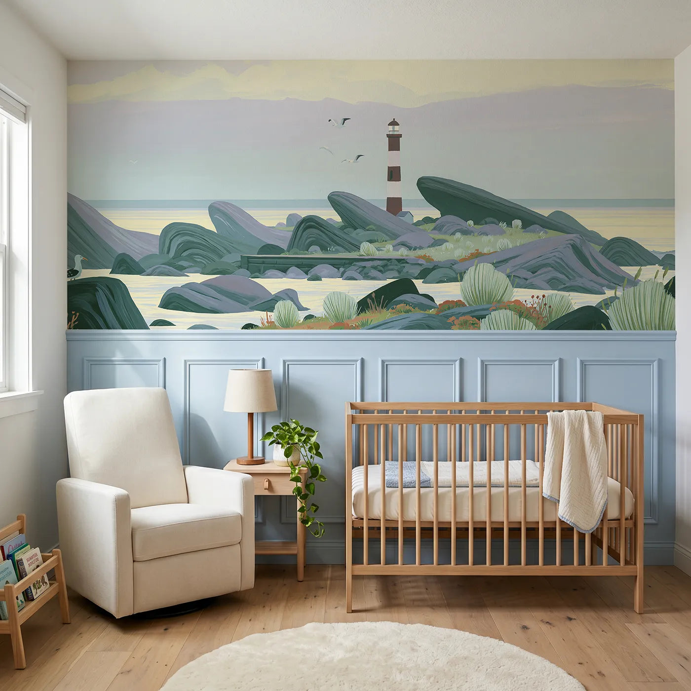 Modern illustration wainscoting wallpaper of a striped lighthouse morning by Whimsy Tots