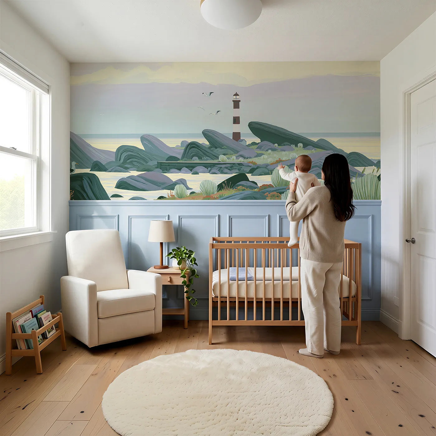 Child reading near Painted Lighthouse Calm Morning Wainscoting Wallpaper by Whimsy Tots