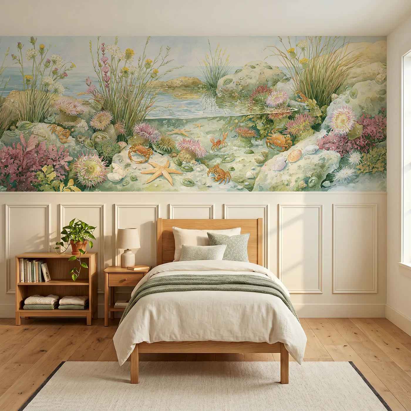 Storybook wainscoting wallpaper of a bright rockpool at low tide by Whimsy Tots