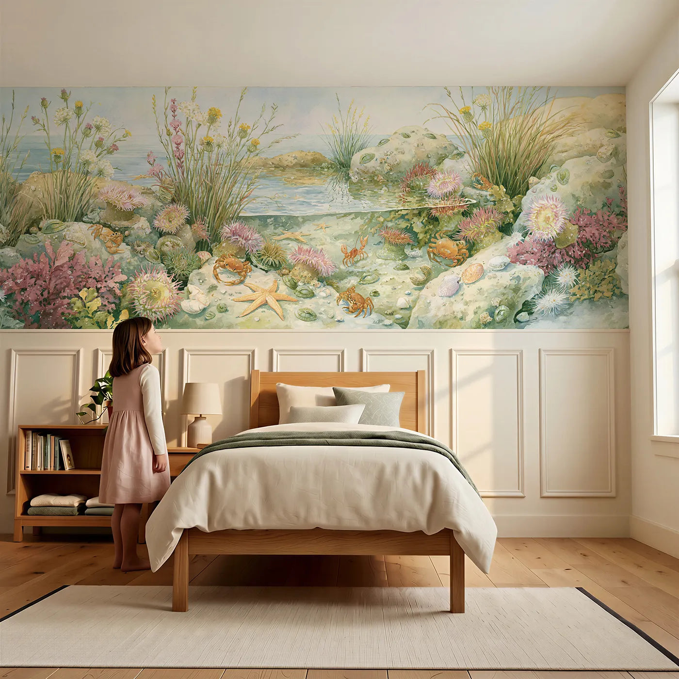 Child reading near Rockpool At Low Tide Wainscoting Wallpaper by Whimsy Tots